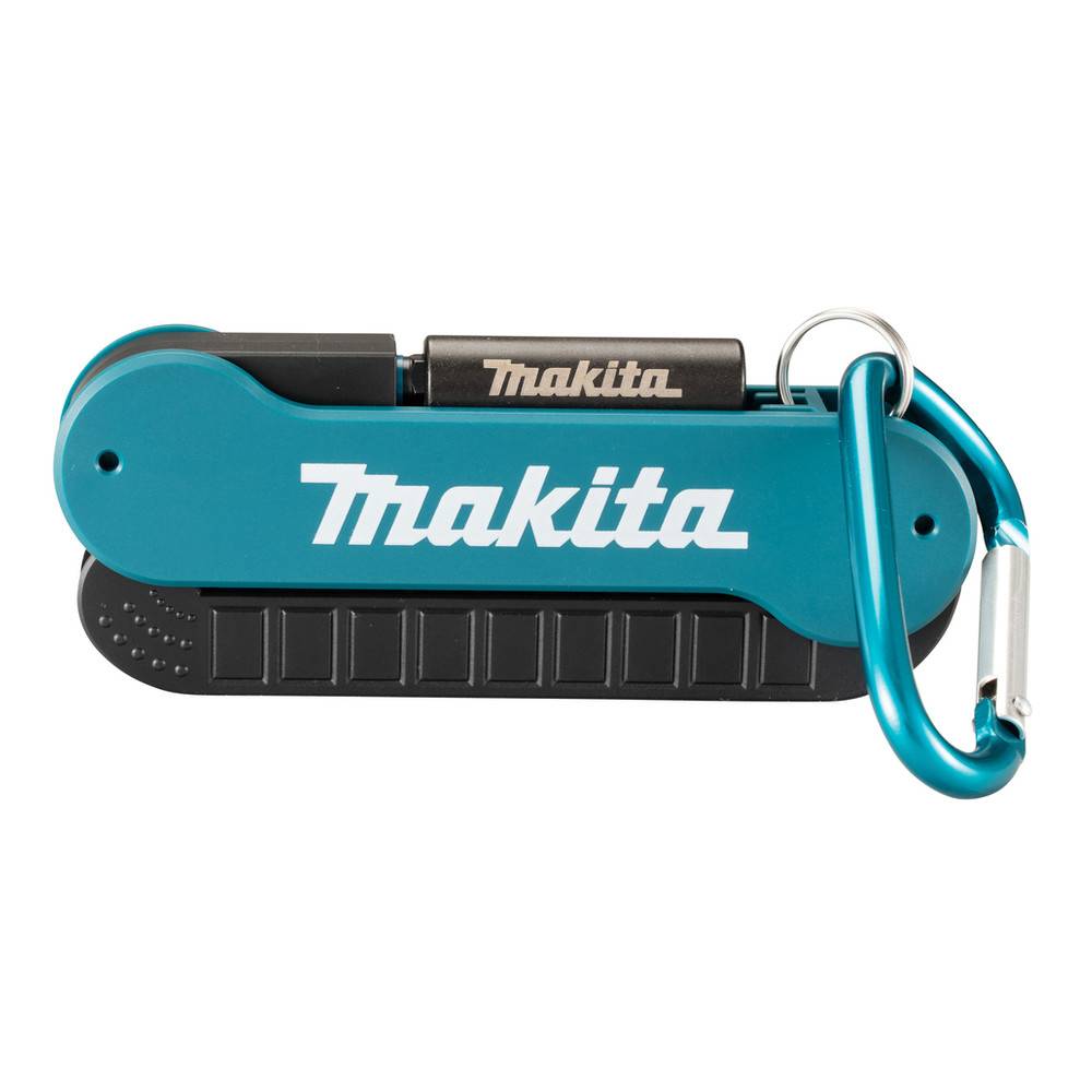 Multifunktionswerkzeug mit blauem Klappmechanismus, silbernem 'Makita' Logo und angebrachtem Karabiner für mobile Nutzung.