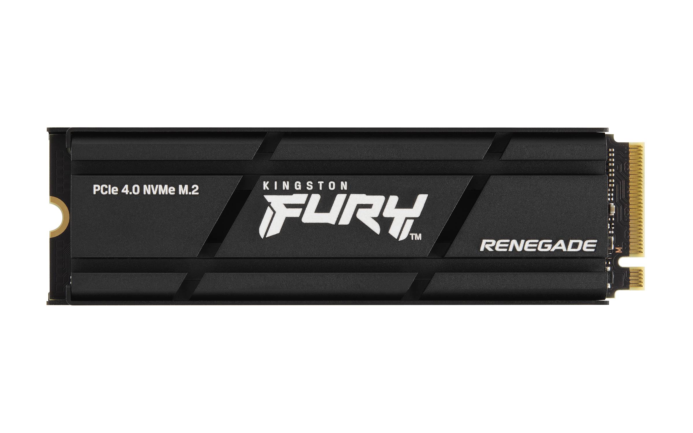 Kingston Fury Renegade PCIe 4.0 NVMe M.2 Solid-State-Laufwerk auf weißem Hintergrund dargestellt.