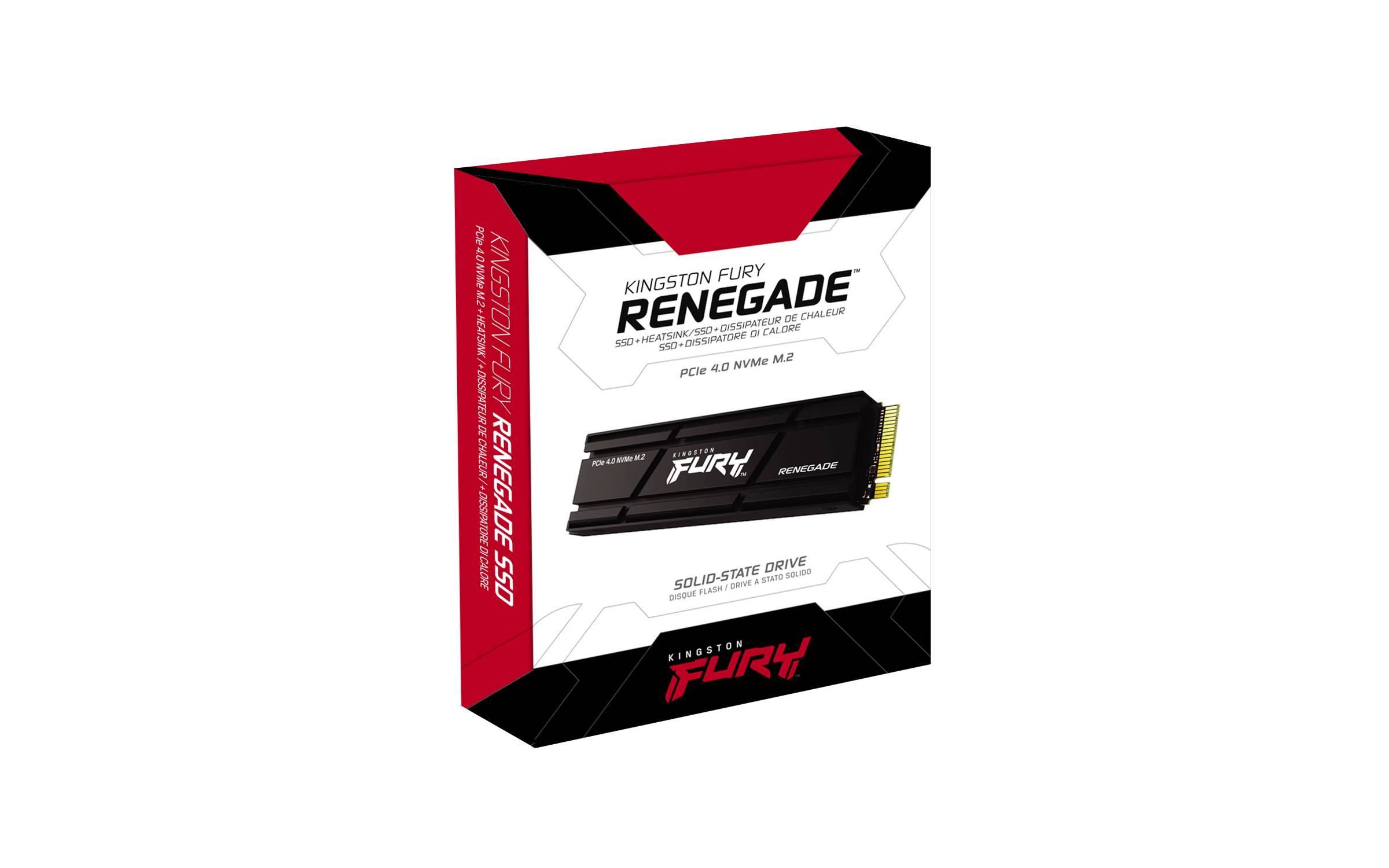 Produktbox für Kingston FURY Renegade PCIe 4.0 NVMe M.2 Solid-State-Laufwerk, auf weißem Hintergrund abgebildet.