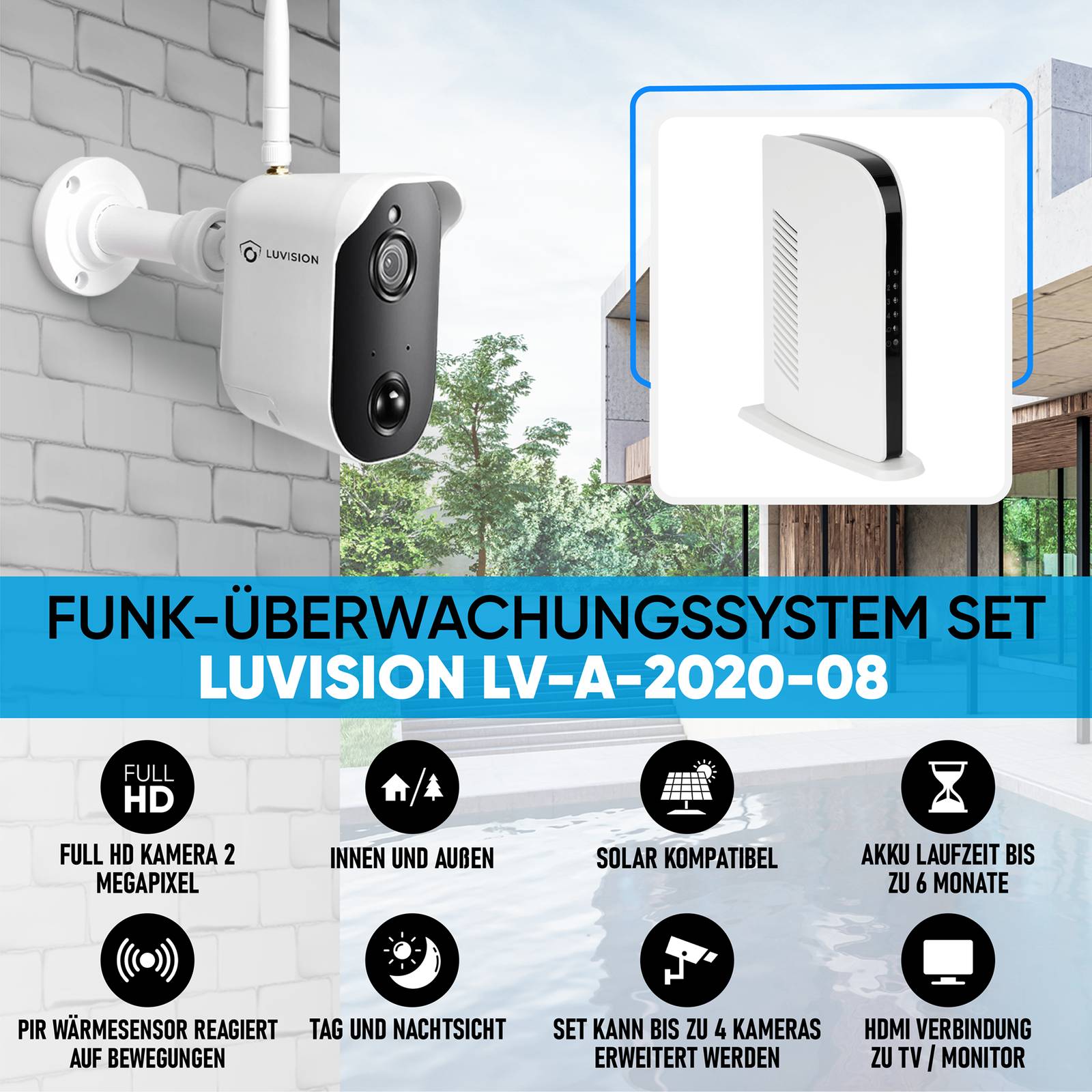 LUVISION Akku Funk Video Überwachungssystem Tower mit 1 - 4 Akkukamera mit Mikrofon Solarpanel komp.