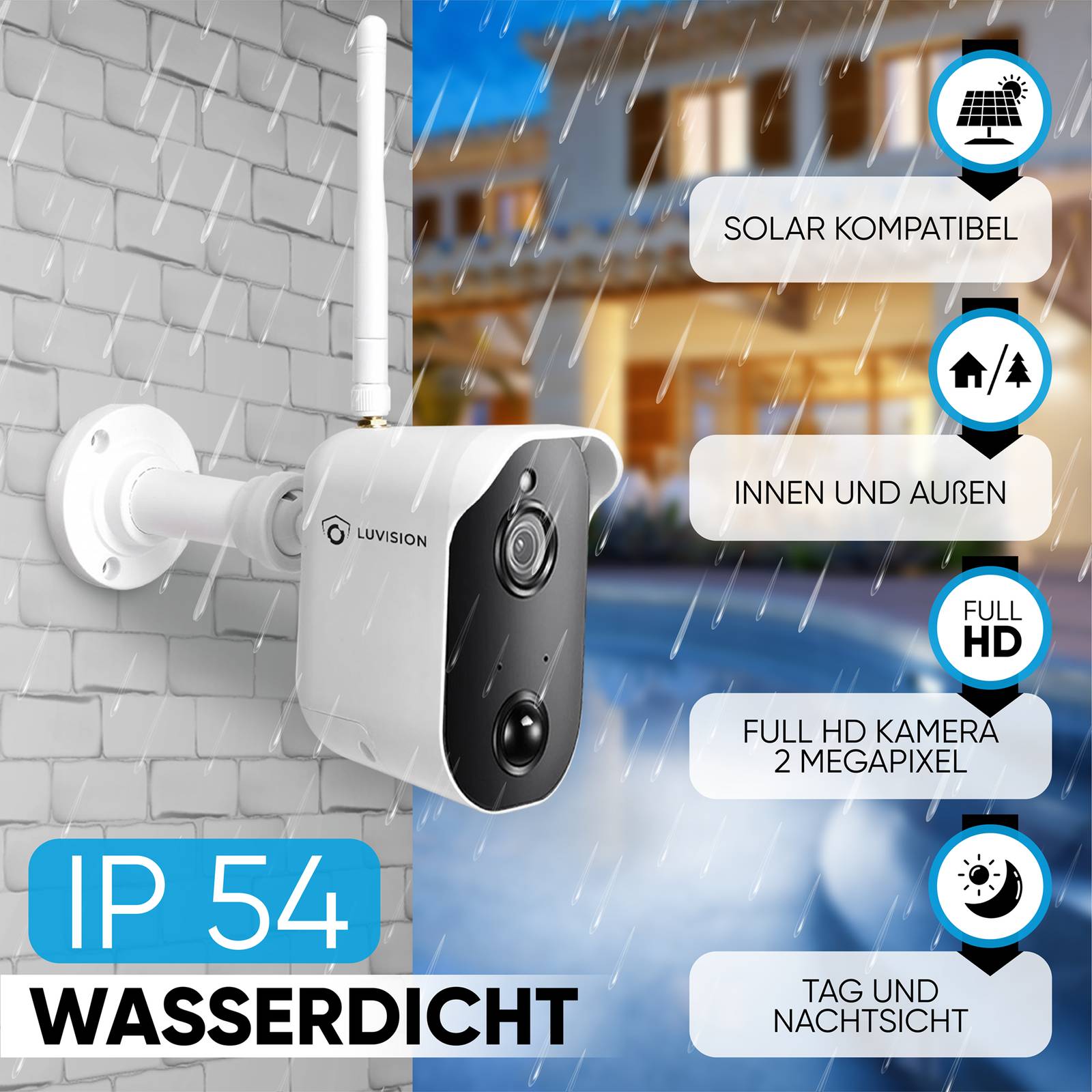 LUVISION Akku Funk Video Überwachungssystem Tower mit 1 - 4 Akkukamera mit Mikrofon Solarpanel komp.