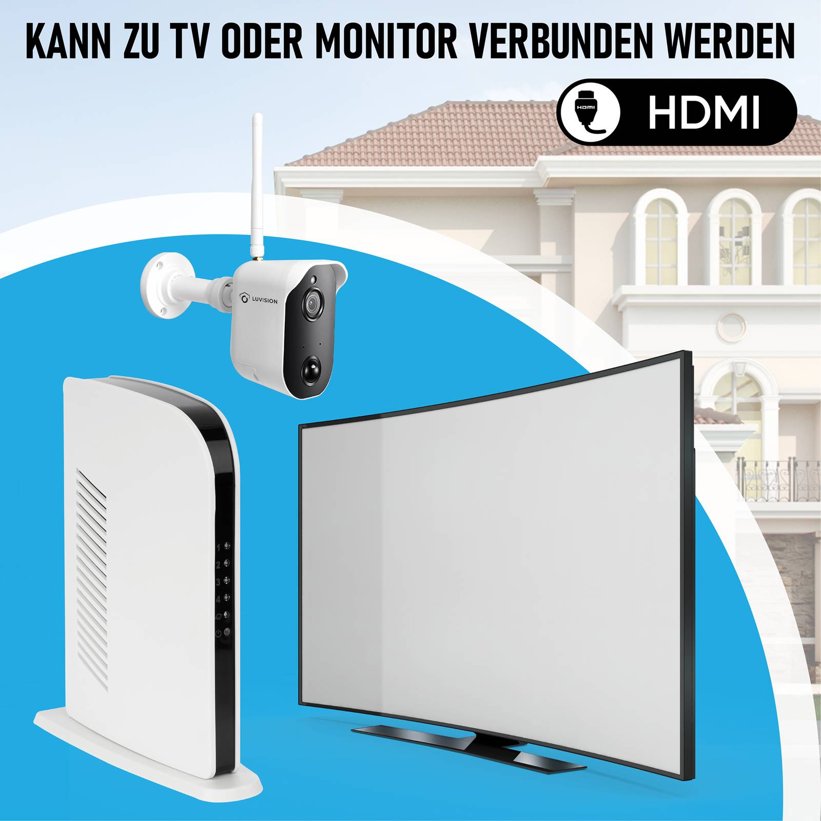 LUVISION Akku Funk Video Überwachungssystem Tower mit 1 - 4 Akkukamera mit Mikrofon Solarpanel komp.