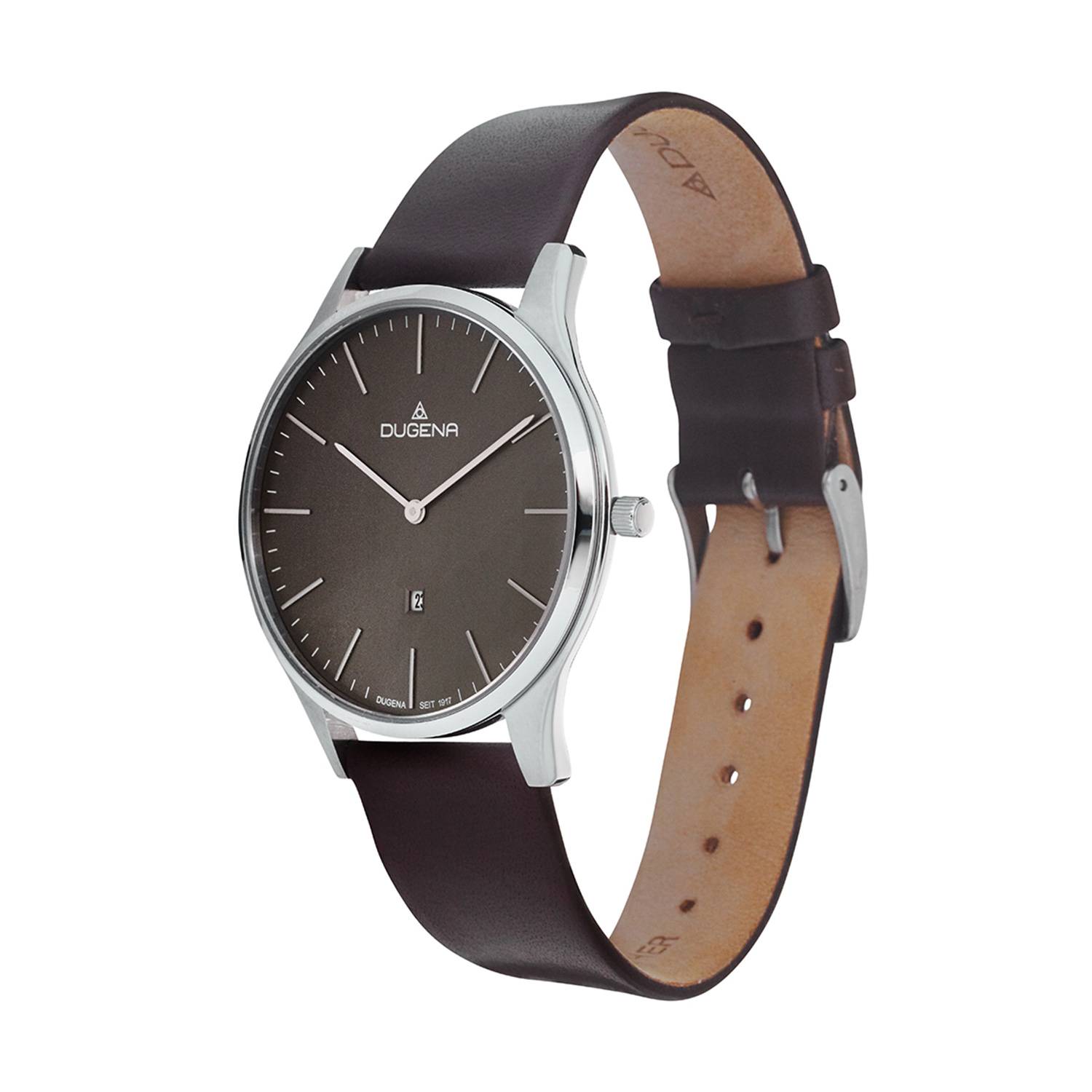 Dugena Herren-Armbanduhr, Plano, Quarz, Edelstahl, Lederarmband, 3 bar