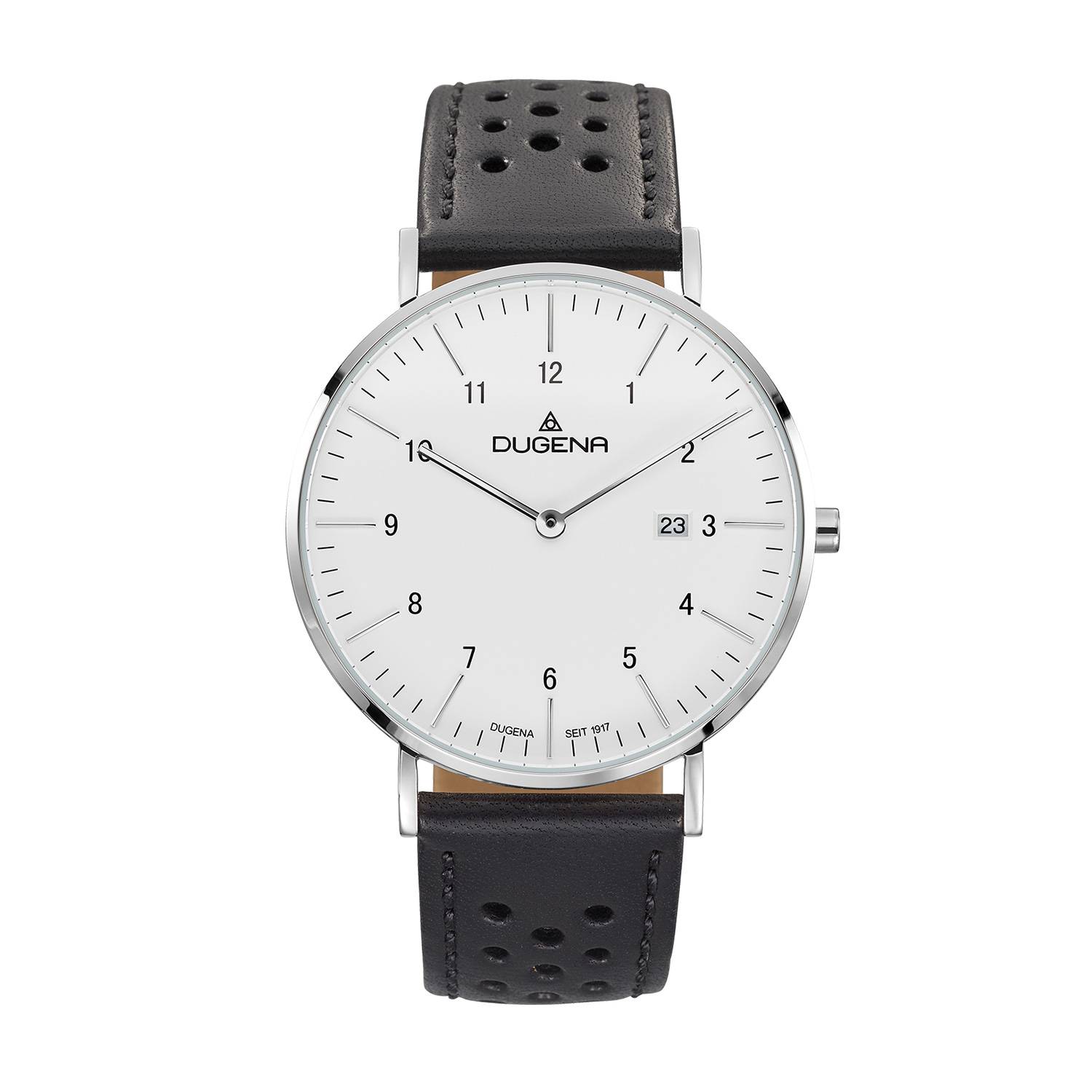 DUGENA Herrenuhr Manhattan, Quarz, Edelstahl, Saphirglas, Lederarmband, 3 bar