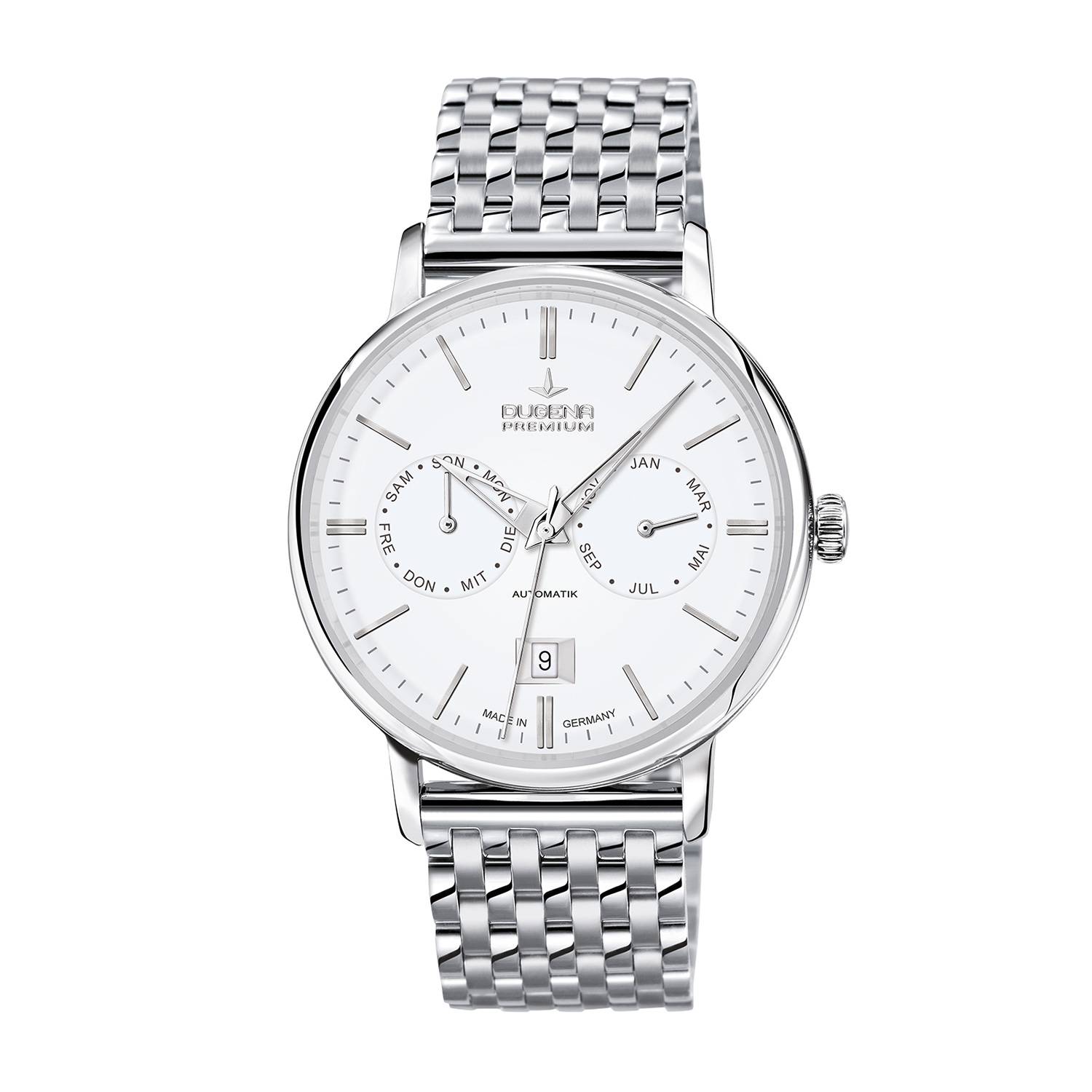 DUGENA Herrenuhr Festa Kalender, Automatikwerk, Edelstahl, Saphirglas, 5 bar