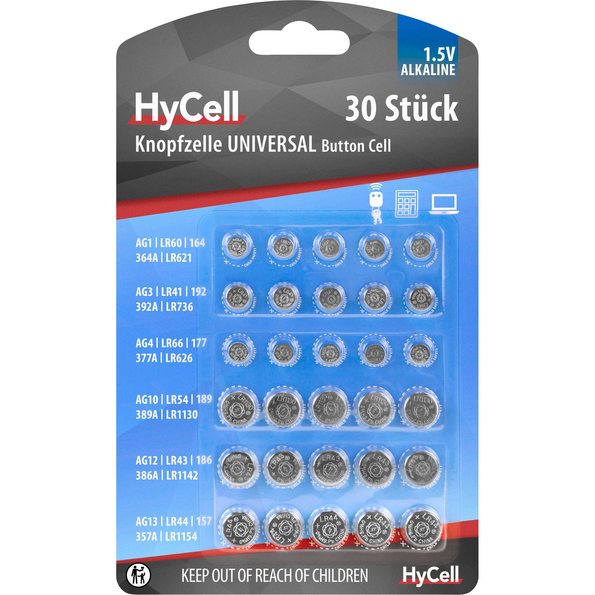 HyCell 30er-Pack 1,5V Alkali-Knopfzellenbatterien mit assortiertem Sortiment und Beschriftungen für universelle Verwendung.