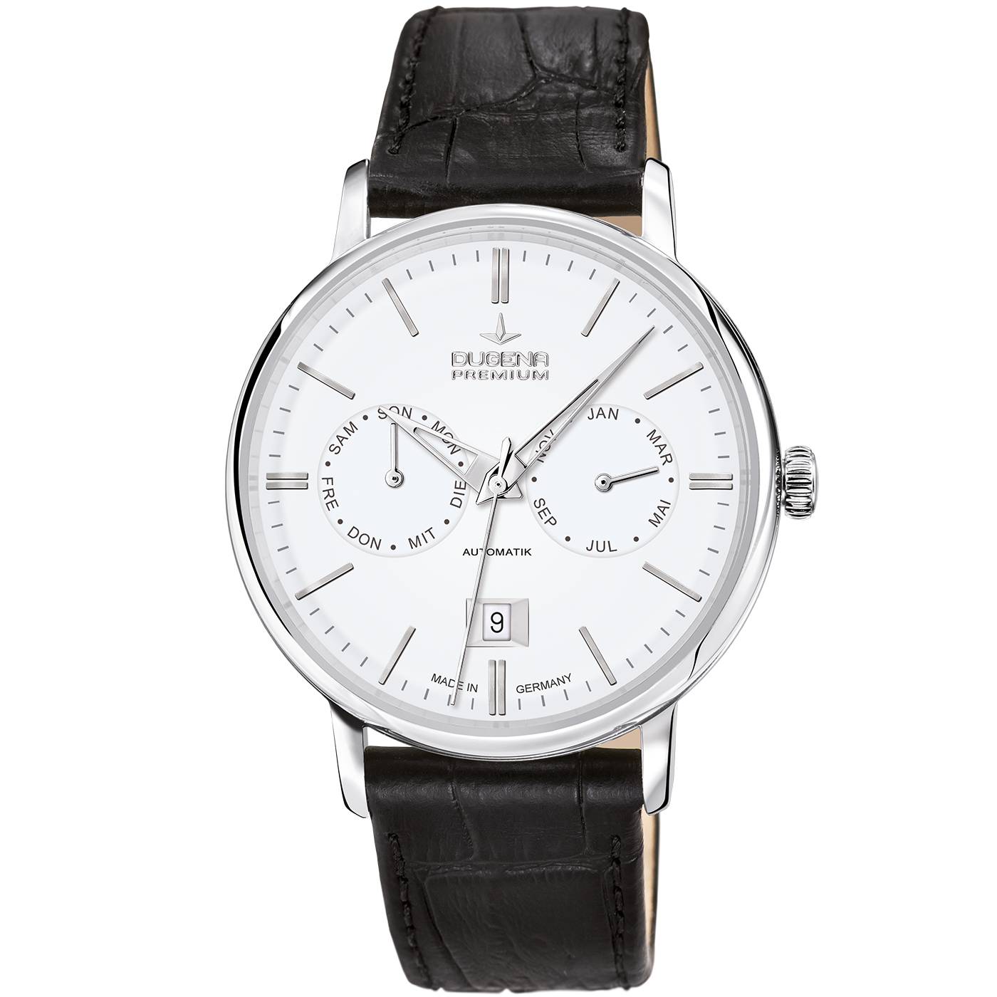 DUGENA Herrenuhr 7000330 Festa Kalender, Automatik, Edelstahl, Lederarmband