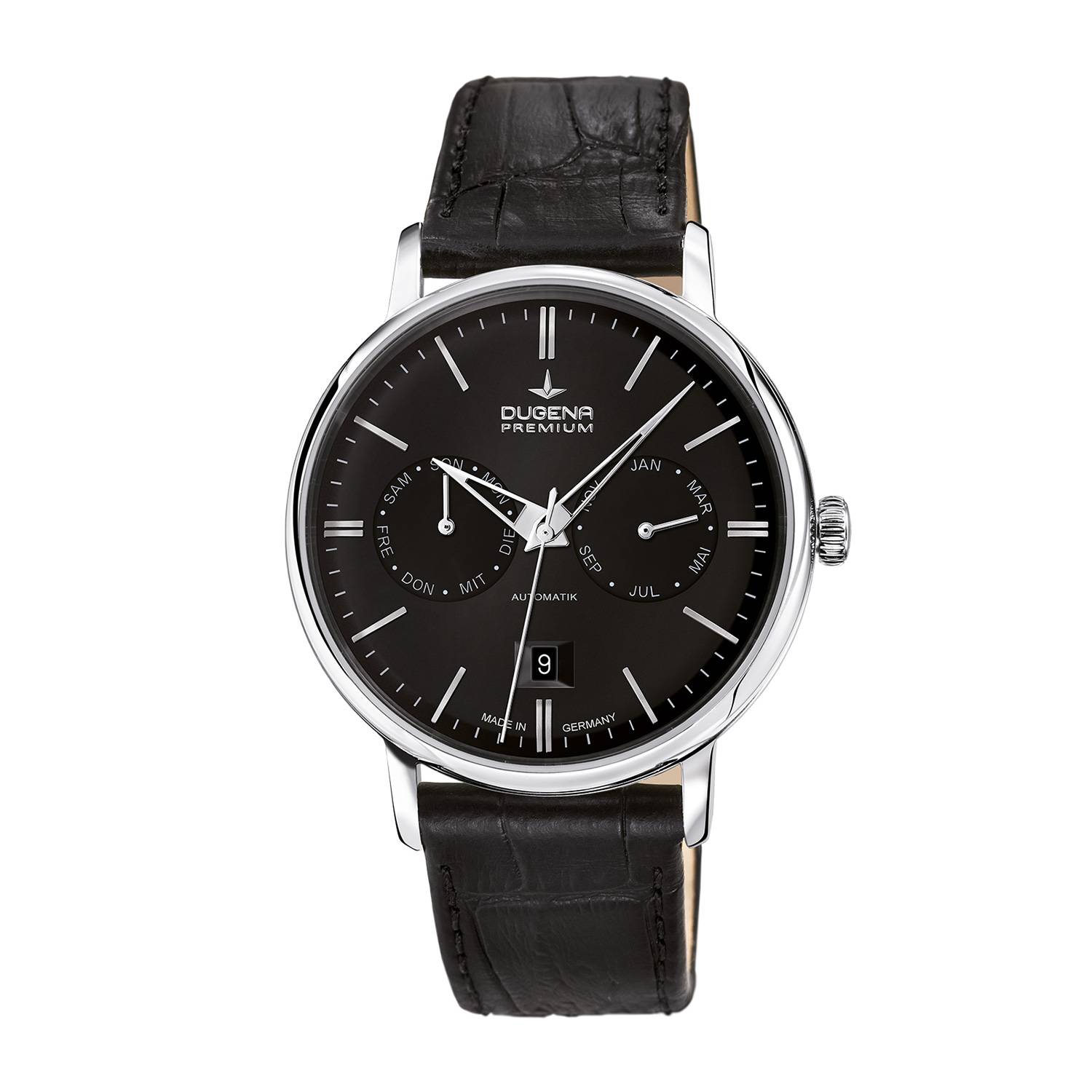 Dugena Herrenuhr 7000332 Festa Kalender, Automatik, Schwarz, Edelstahl, Leder