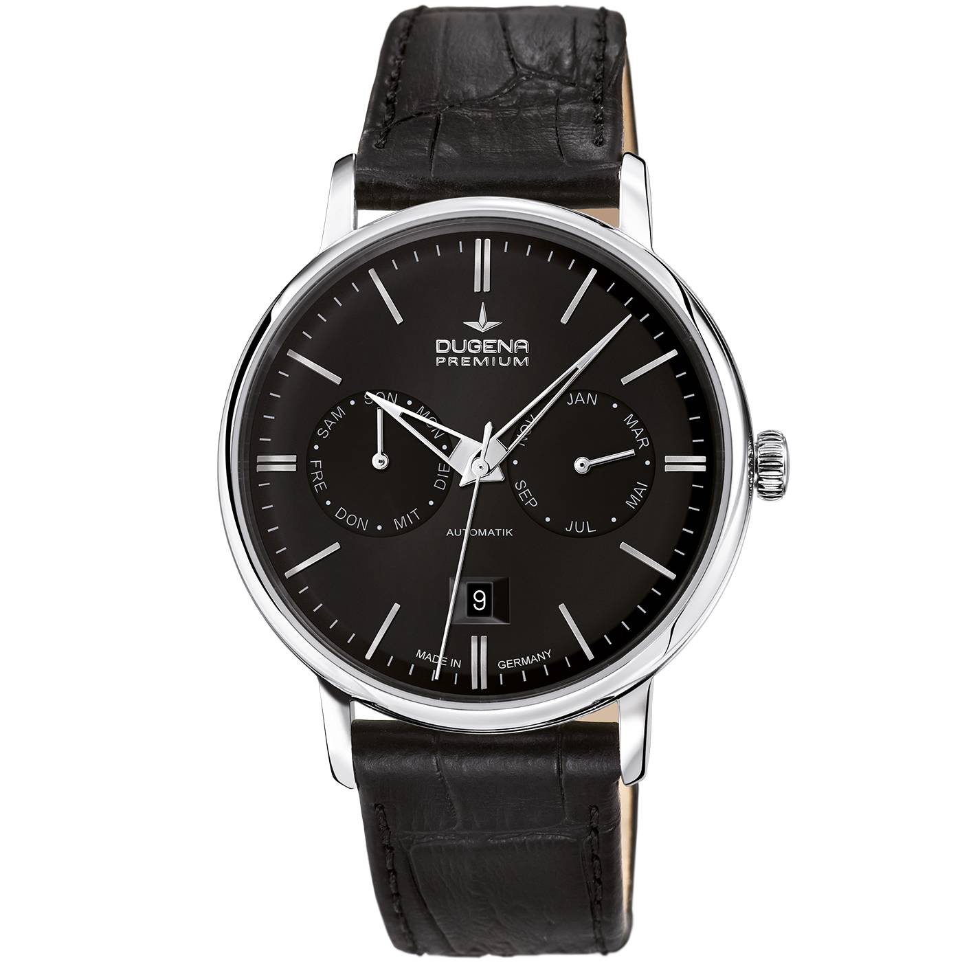 Dugena Herrenuhr 7000332 Festa Kalender, Automatik, Schwarz, Edelstahl, Leder