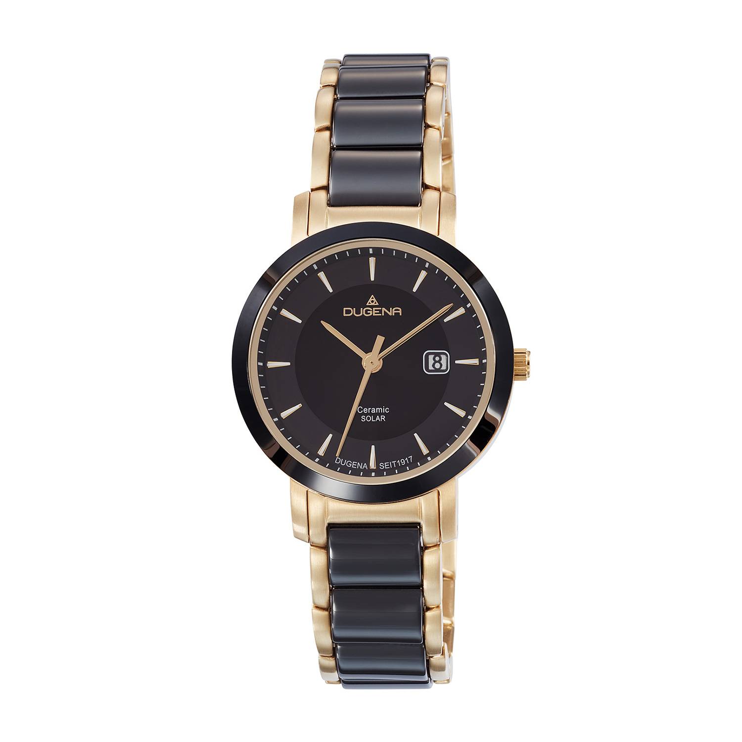 Dugena Damenuhr 4461008 Ceramic Solar, Quarz, Schwarz-Gold, Keramik-Edelstahl