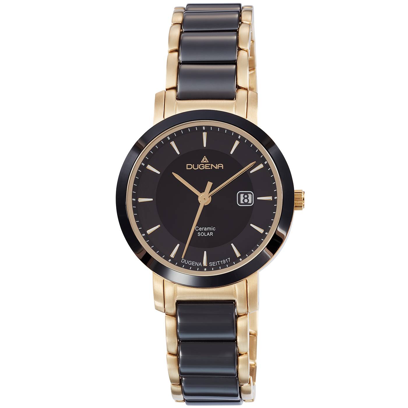 Dugena Damenuhr 4461008 Ceramic Solar, Quarz, Schwarz-Gold, Keramik-Edelstahl