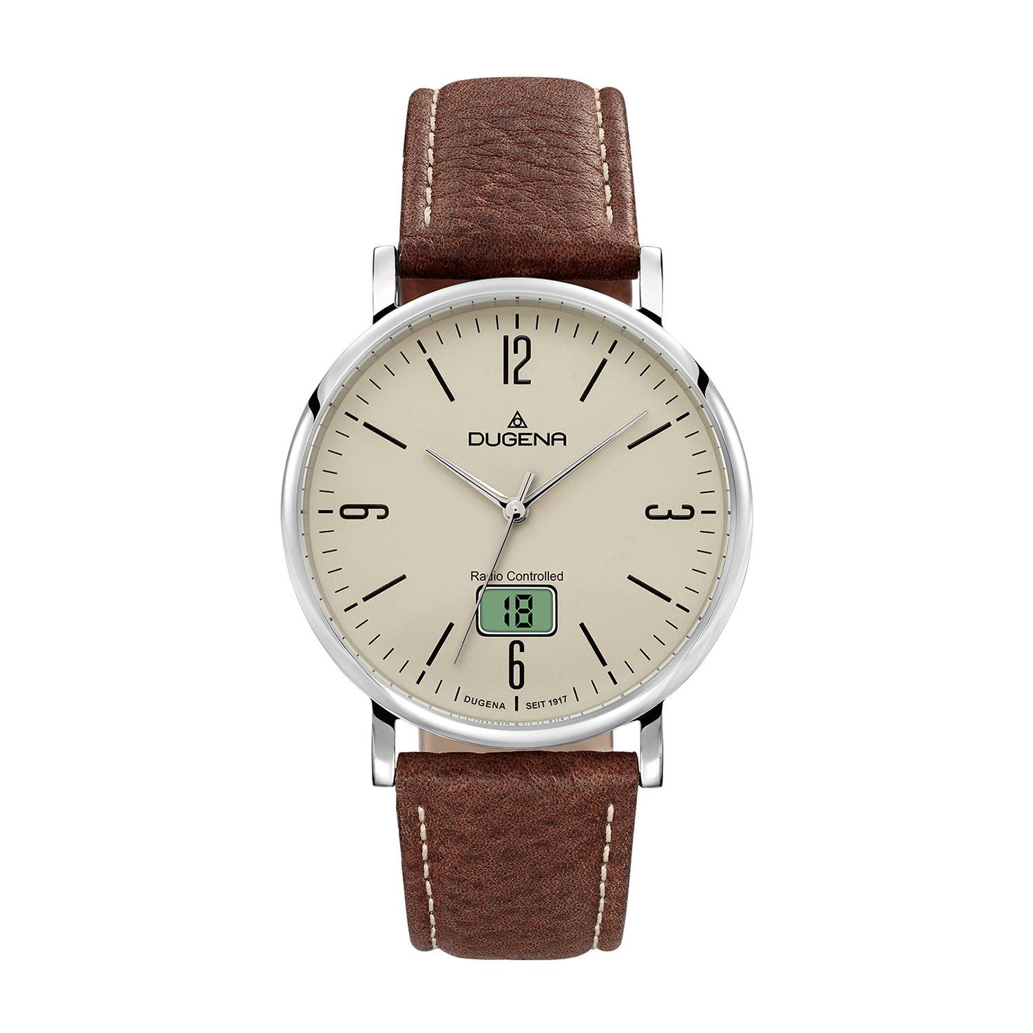 Dugena Herren-Armbanduhr 4460845 Mondo, Funk, Quarz, Edelstahl, Lederarmband, 5 bar