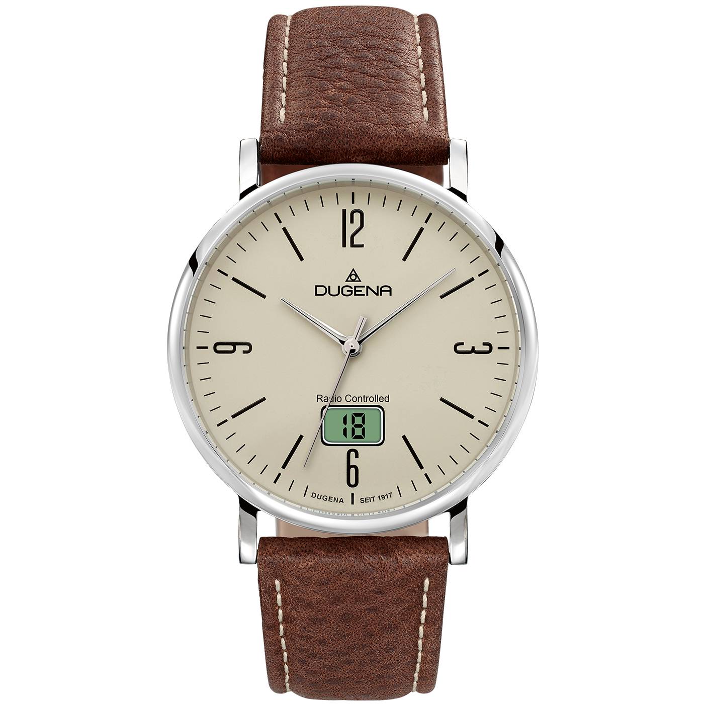 Dugena Herren-Armbanduhr 4460845 Mondo, Funk, Quarz, Edelstahl, Lederarmband, 5 bar
