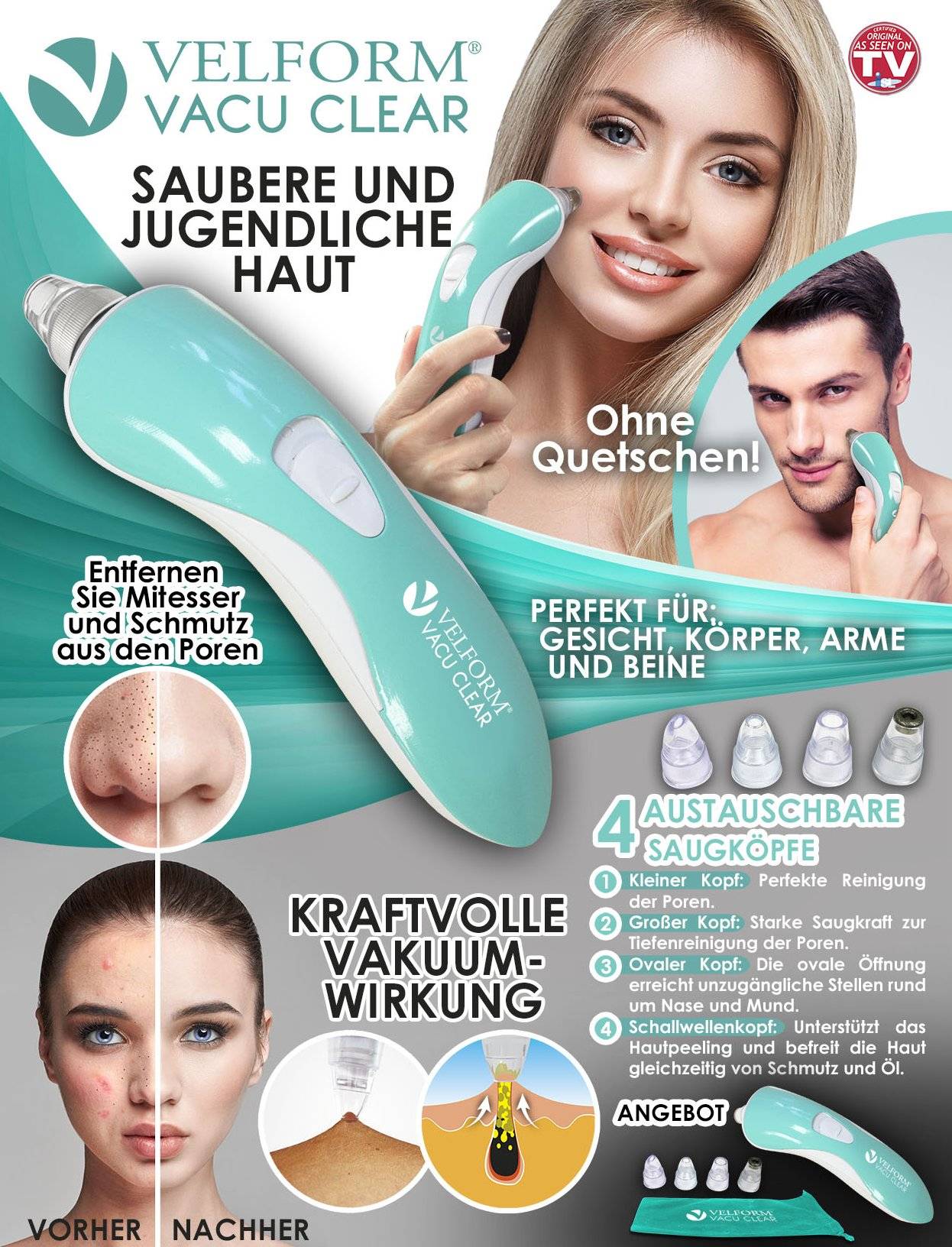 Vacu Clear Porenreiniger, entfernt durch Vakuumwirkung sanft Hautunreinheiten