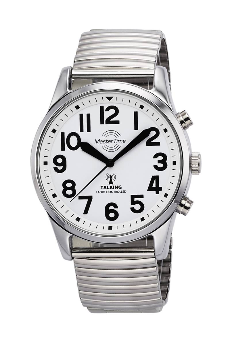 MasterTime sprechende Herrenuhr MTGA-10691-61M, Funk, Edelstahl-Zugband, analog