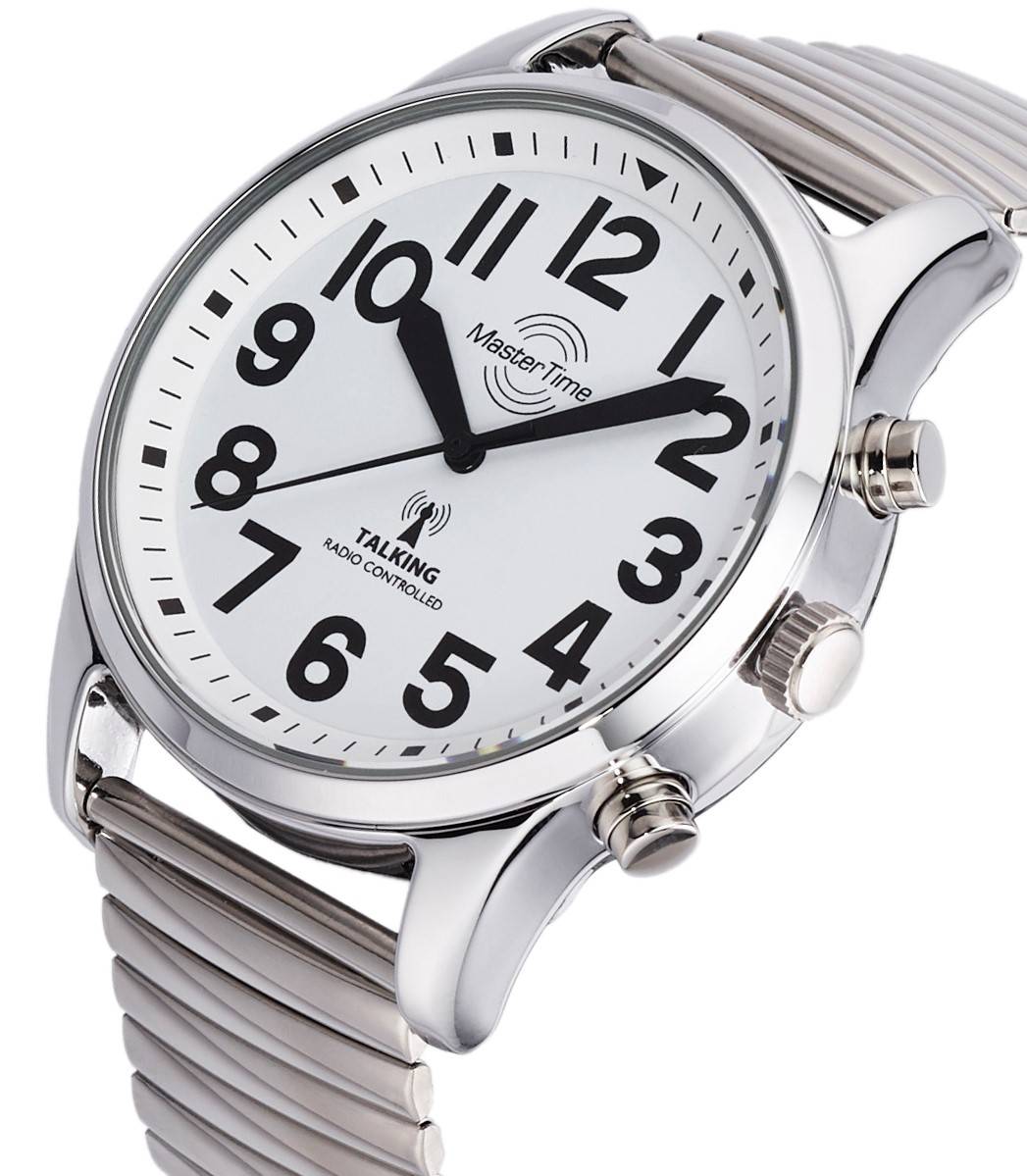 MasterTime sprechende Herrenuhr MTGA-10691-61M, Funk, Edelstahl-Zugband, analog