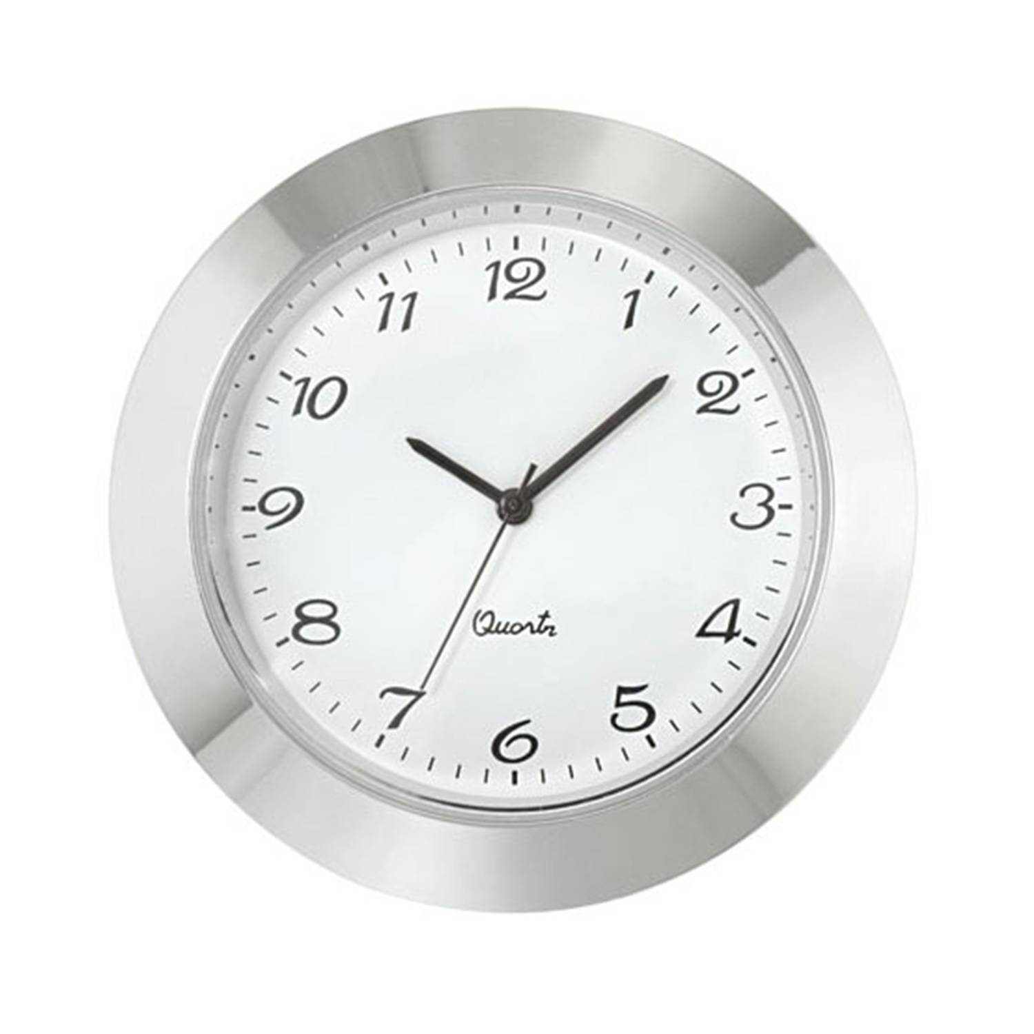SELVA Mini-Einsteckwerk Import Trommel Ø 46,5mm, Lünette Ø 50mm verchromt, Zifferblatt weiß-antik, arabische Zahlen
