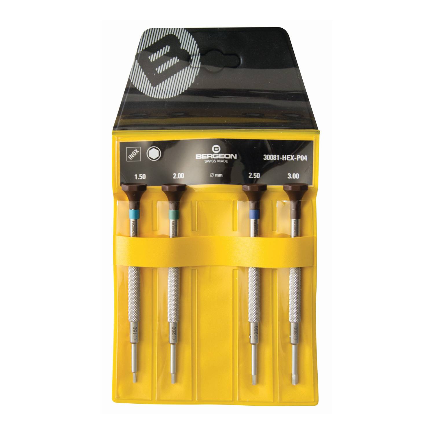 Bergeon Schraubendreher-Satz 30081-HEX-P04, 4 Stück, 1,5 - 3,0 mm, aus Edelstahl