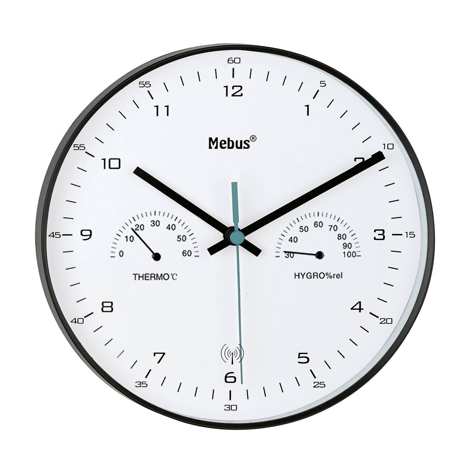 Mebus Funk-Wanduhr mit Thermometer/ Hygrometer, schwarz