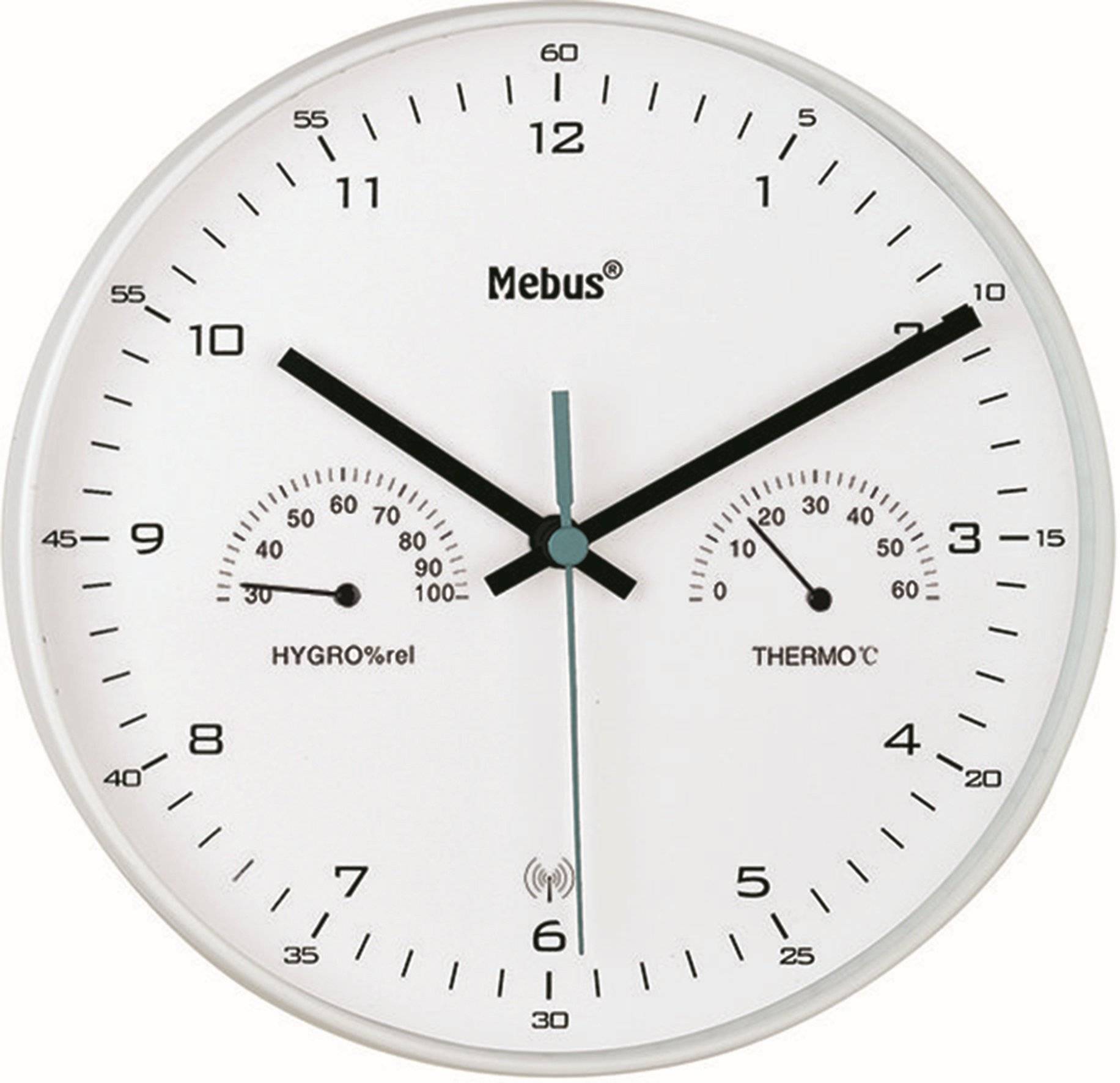 Mebus Funk-Wanduhr mit Thermometer/ Hygrometer, weiß