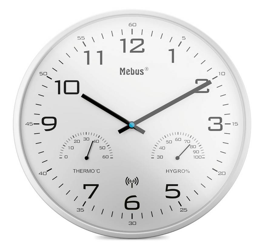 Mebus Funk-Wanduhr mit Thermometer/ Hygrometer, weiß