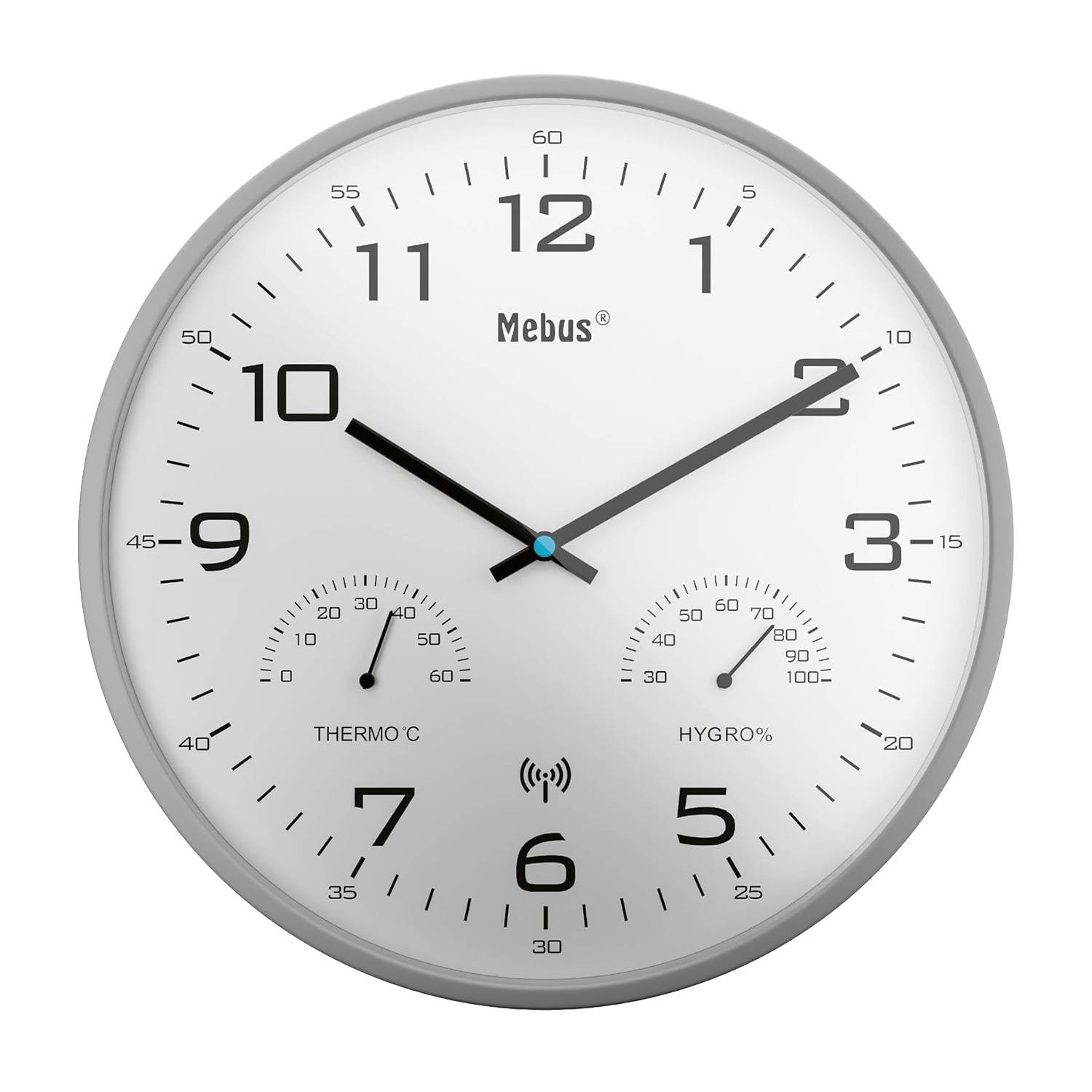 Mebus Funk-Wanduhr mit Thermometer/ Hygrometer, silber-grau
