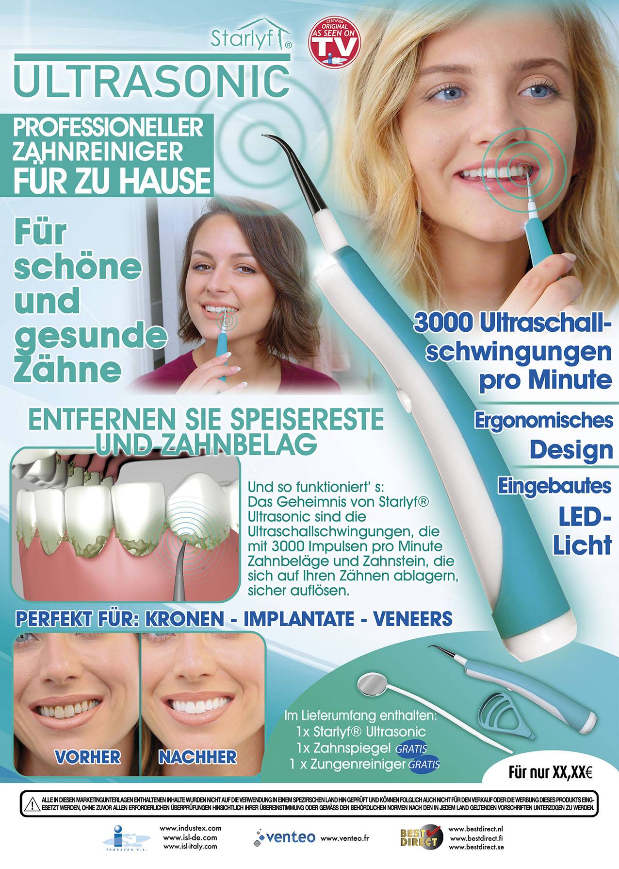 Starlyf Ultraschall Zahnreiniger Ersatzaufsätze, 3 Aufsätze, Zubehör