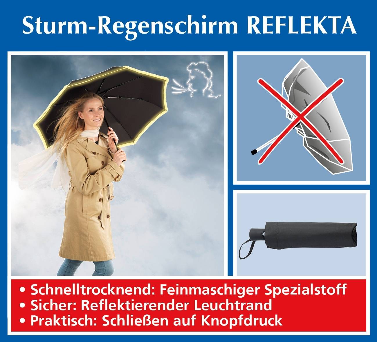Maximex Sturm-Regenschirm Reflekta - schnelltrocknend, stabil und sicher