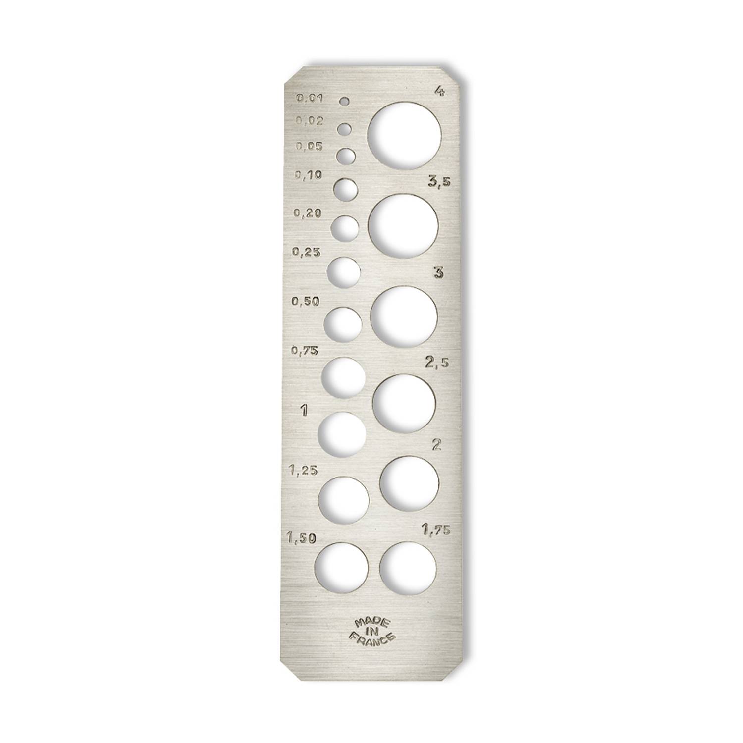 SELVA Steinmaß für Brillanten, vernickeltes Messing, 17 Bohrungen, 93 x 25 mm