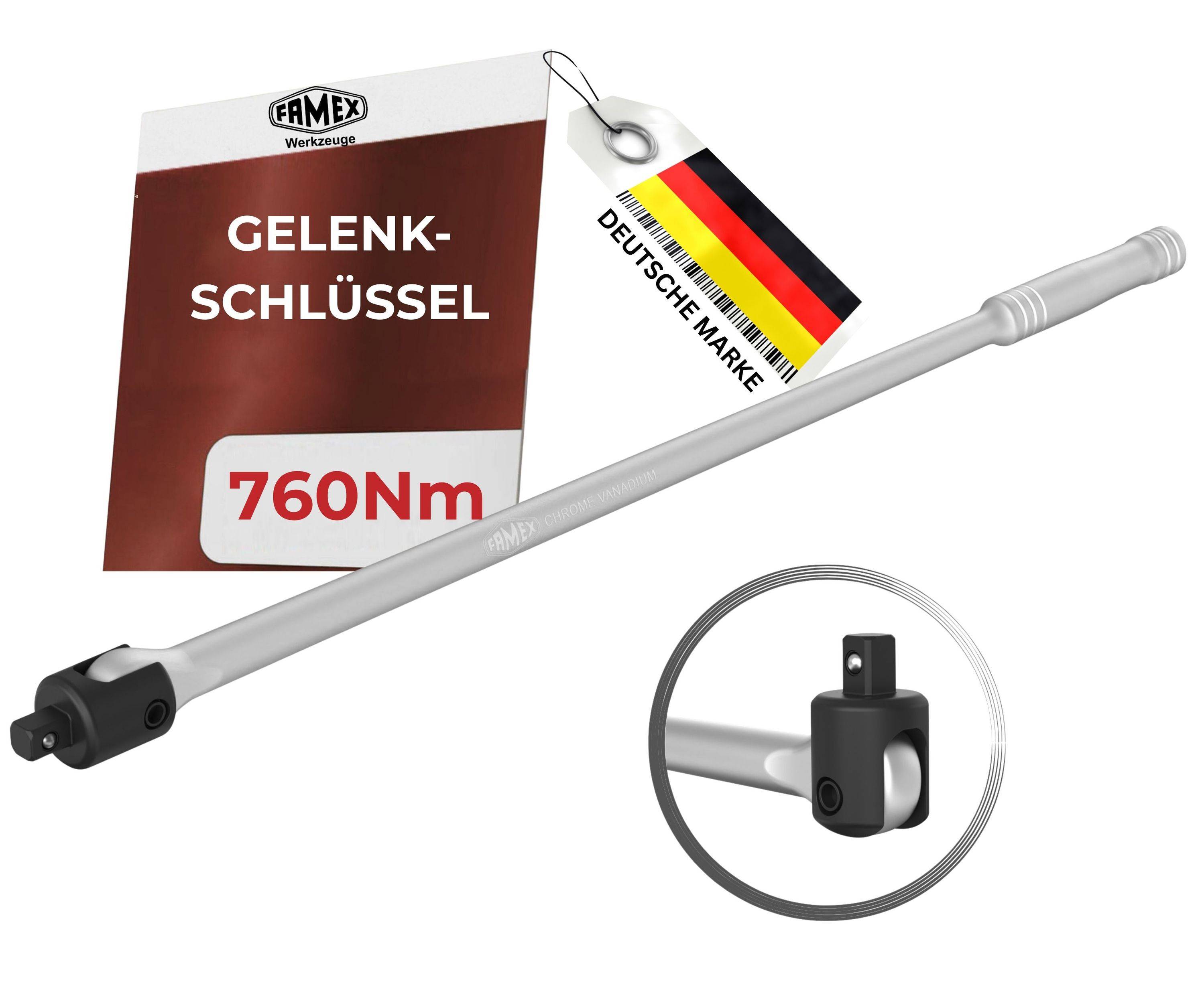 FAMEX 10672 Spezial Gelenk-Drehgriff extra lang, 12,5mm (1/2-Zoll)-Antrieb - bis- 630 Nm - Länge 60 cm