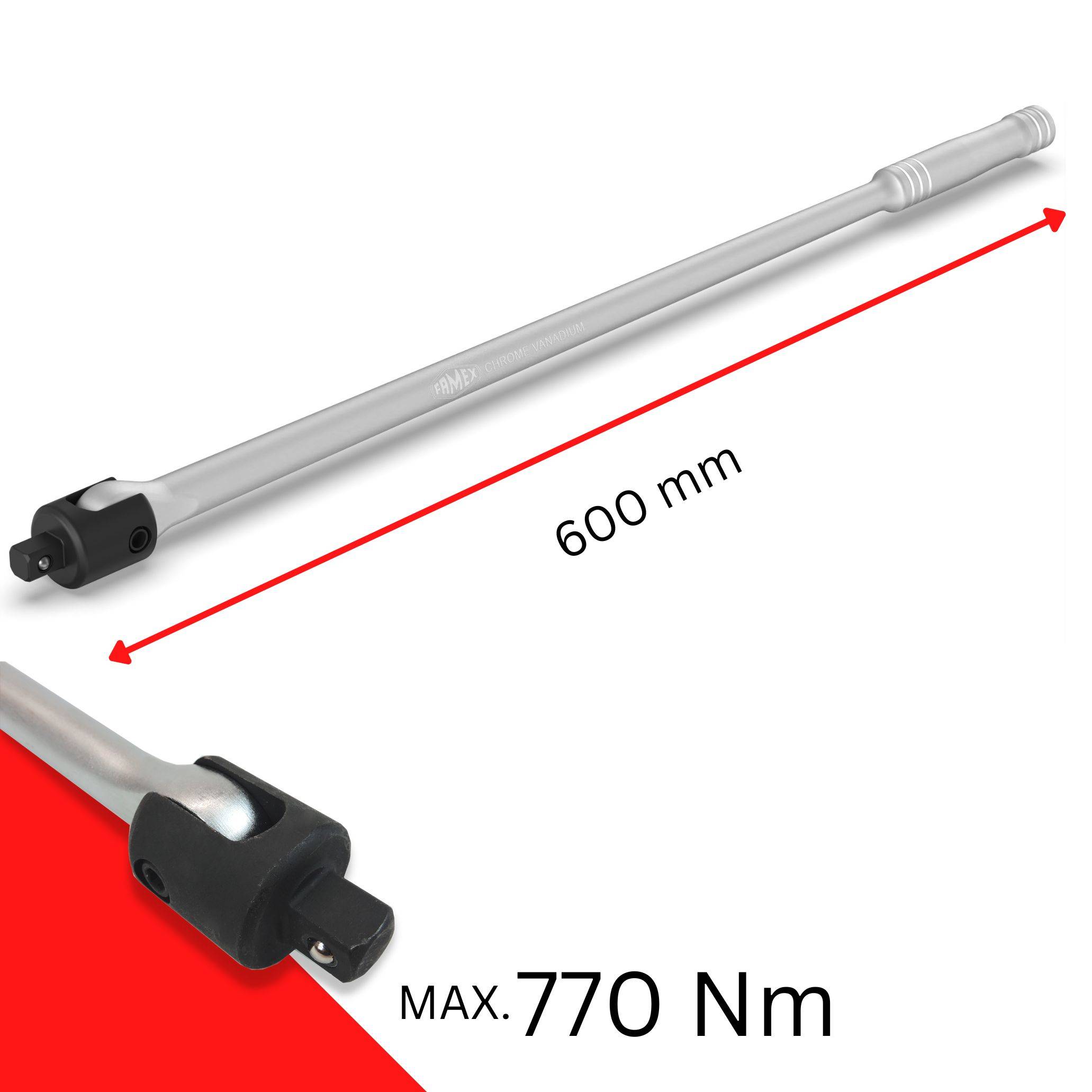 FAMEX 10672 Spezial Gelenk-Drehgriff extra lang, 12,5mm (1/2-Zoll)-Antrieb - bis- 770 Nm - Länge 60 cm