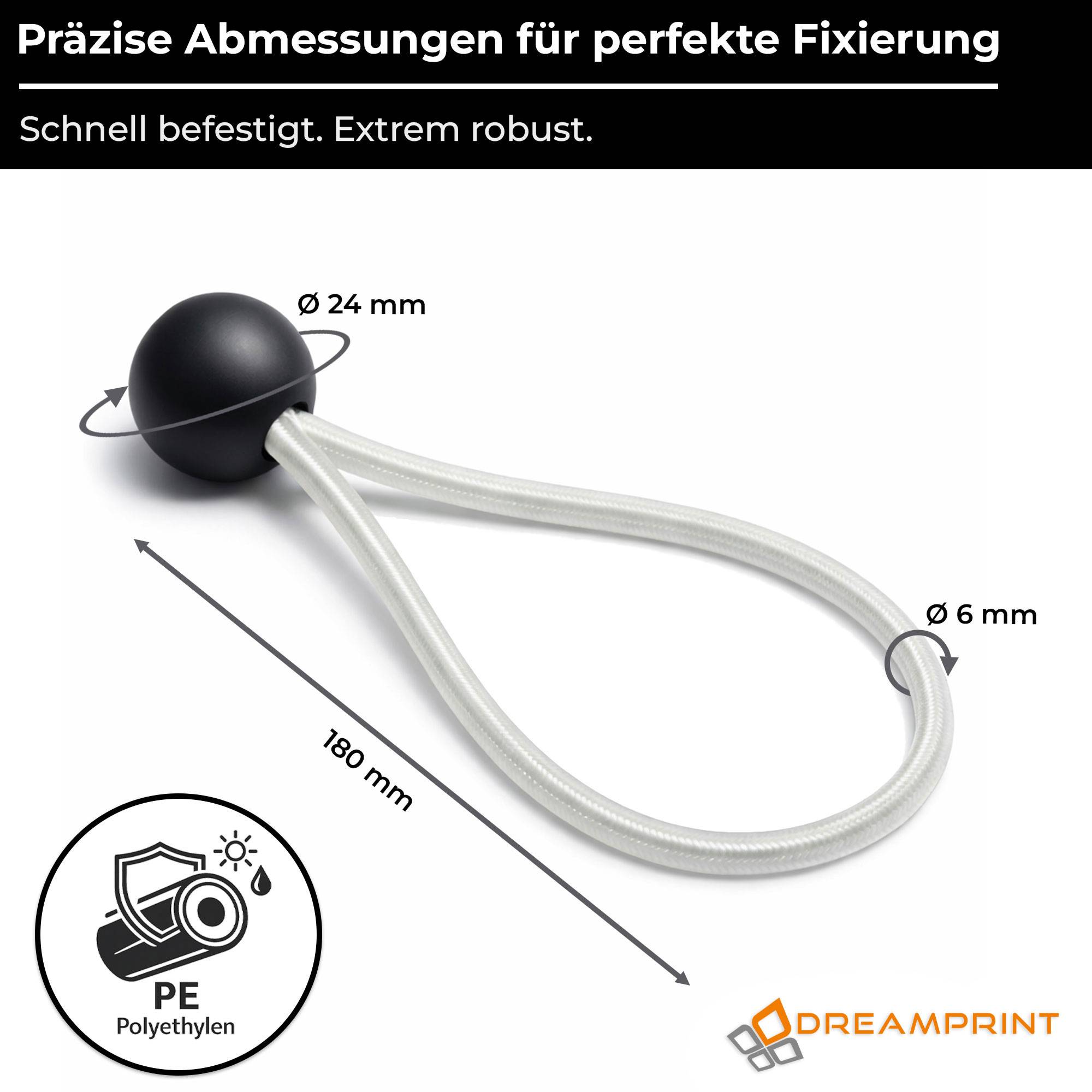 Dreamprint 100x Spanngummi mit Kugel 180 mm Schwarz Weiß Planenspanner, Expanderschlingen, Planenhalter, Planengummi, Gummispanner, Zeltgummi