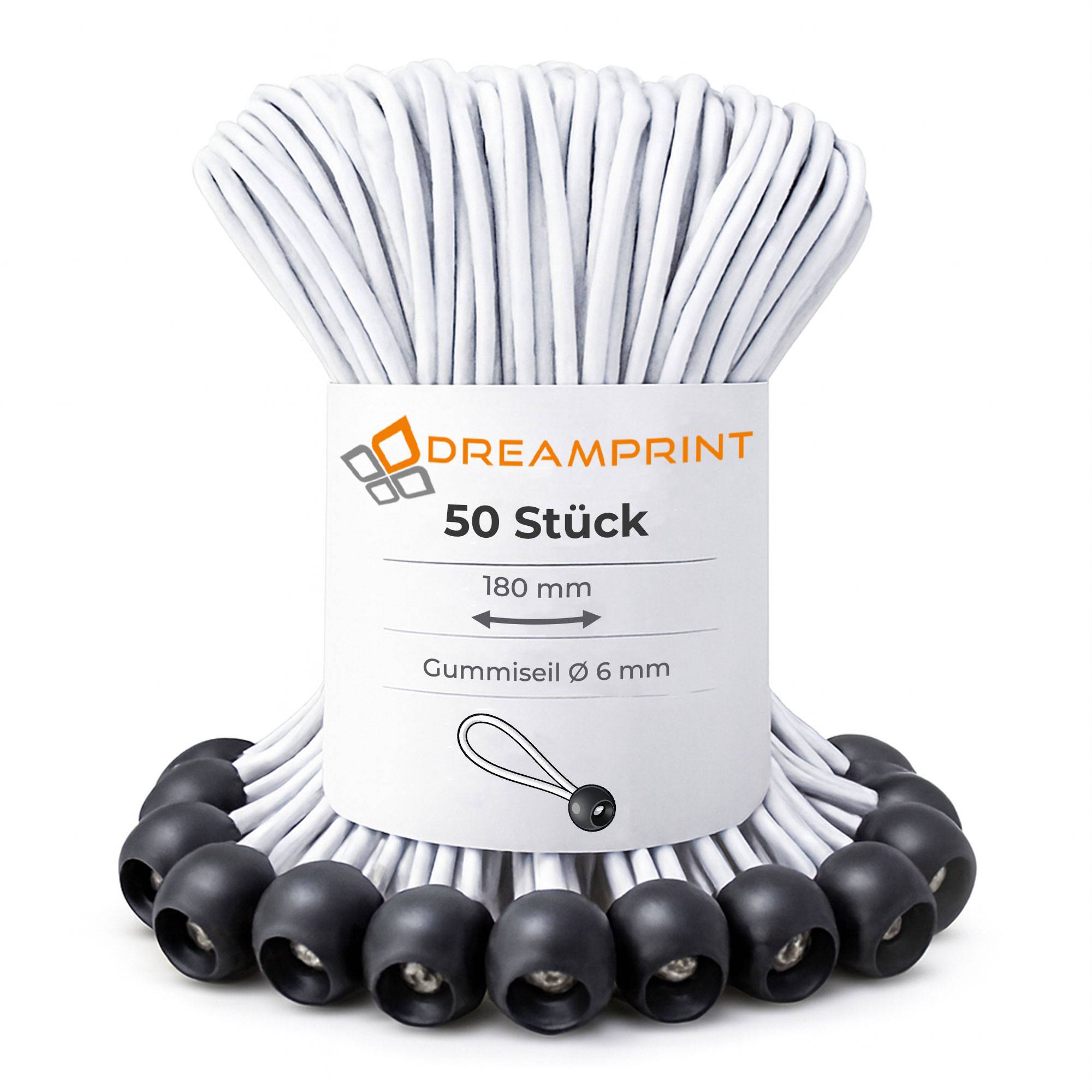 Dreamprint 50x Spanngummi mit Kugel 180 mm Schwarz Weiß Planenspanner, Expanderschlingen, Planenhalter, Planengummi, Gummispanner, Zeltgummi