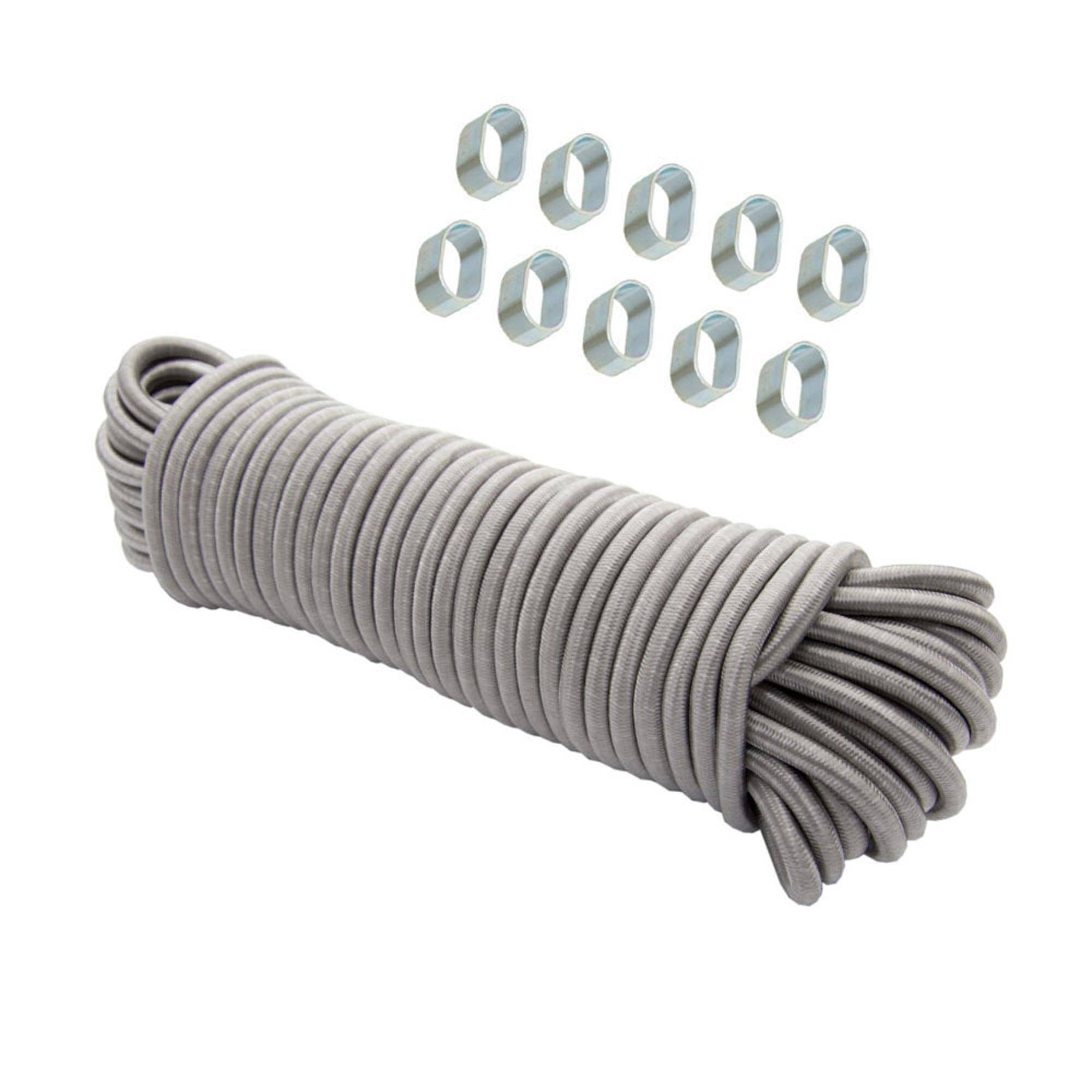 Dreamprint Expanderseil 10 m Grau 6 mm Gummiseil Gummischnur Spannseil Planenseil Gummileine elastisches Seil mit 10x Würgeklemmen