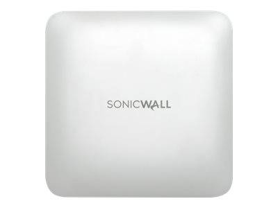 Ein weißes quadratisches SonicWall-Gerät mit dem 'SonicWall'-Logo auf der Vorderseite, das für Netzwerksicherheitszwecke verwendet wird.