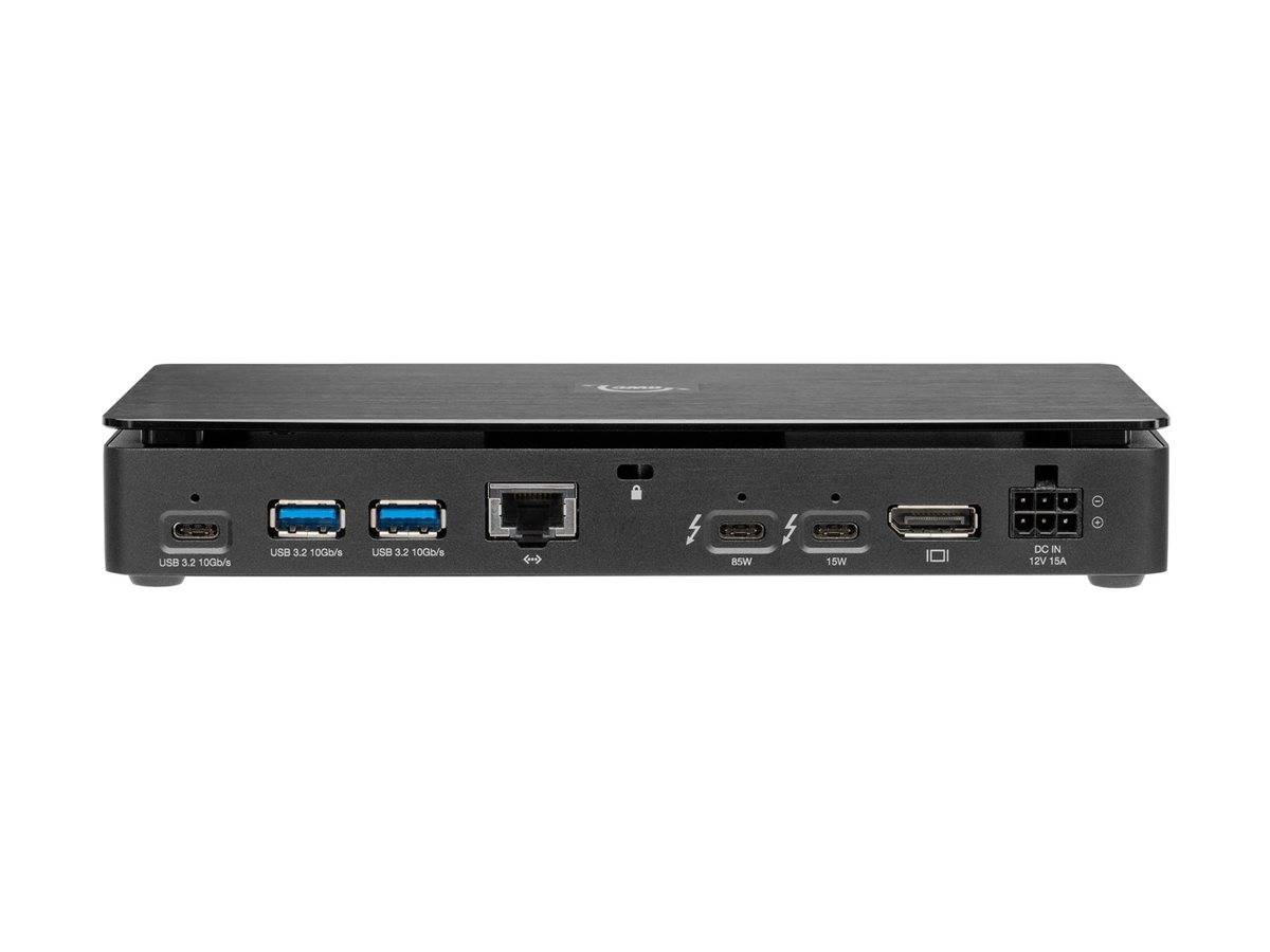 Rückansicht eines kompakten schwarzen Mini-PCs mit mehreren Anschlüssen: zwei USB-A, Ethernet, USB-C, HDMI, DC-Stromeingabe und ein Sicherheitsschloss.