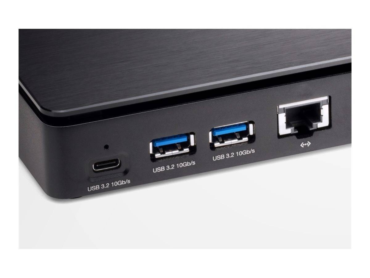 Nahaufnahme eines Laptop-Docks oder Hub-Frontpaneels mit einem USB-C-Anschluss, zwei USB-A-Anschlüssen und einem mit USB 3.2 10Gb/s gekennzeichneten Ethernet-Anschluss.