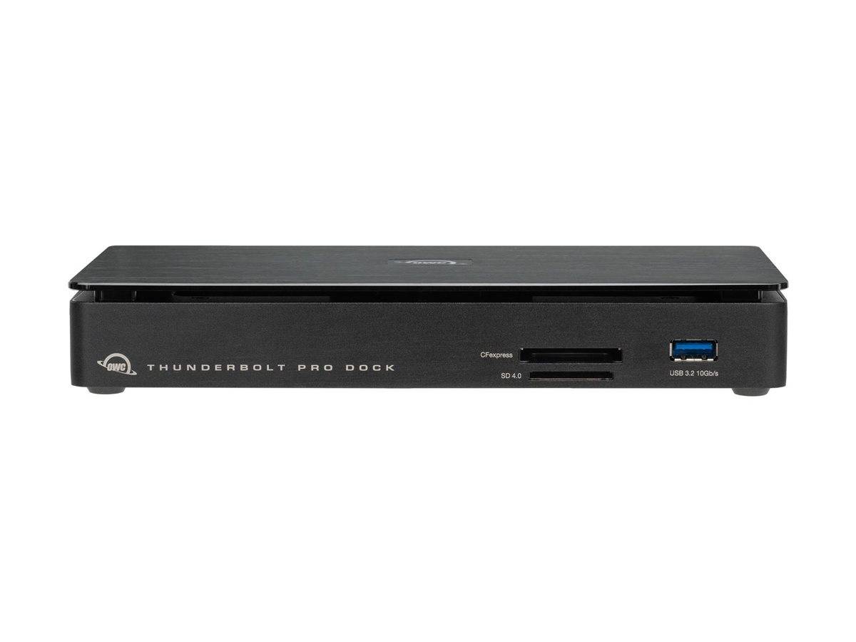 Vorderansicht eines schwarzen Thunderbolt Pro Dock mit Anschlüssen und Statusleuchten auf weißem Hintergrund.
