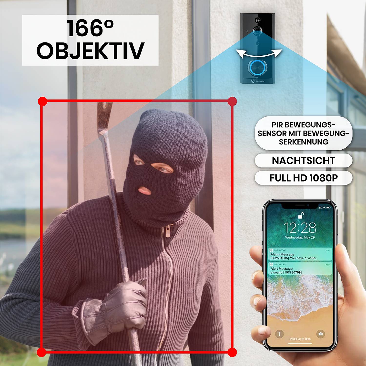 LUVISION WLAN Funk Video Türklingel mit Kamera Tuya App kompatibel Alexa Show Türglocke schwarz