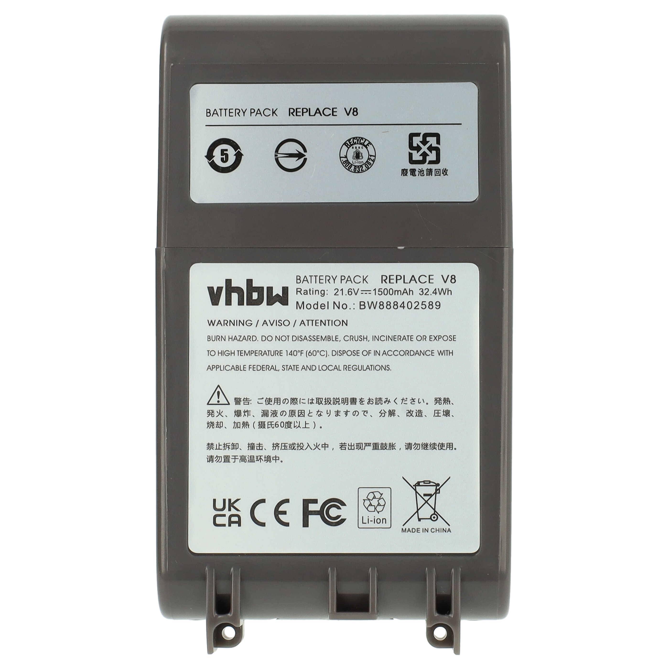 Batteriepack zum Austausch für V8-Modell, Nennleistung 21,6V, 1500mAh, 32,4Wh. Marke hbw. Verschiedene Konformitätskennzeichnungen am unteren Ende.