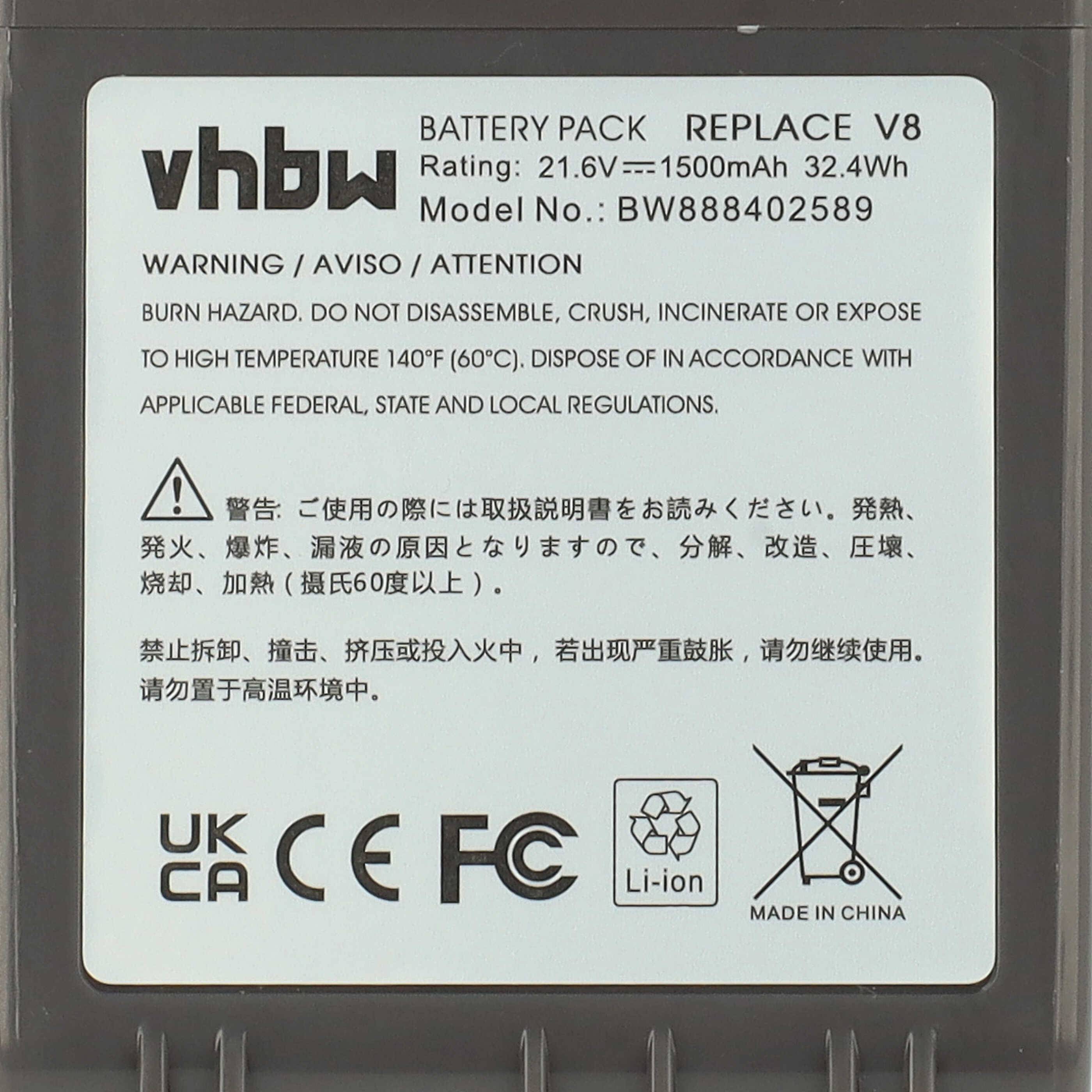 Akkupack-Etikett für vhbw, Modellnummer BW888402589, 21,6V 1500mAh. Warnt vor Auseinandernehmen, Verbrennung oder Verbrennung. Hergestellt in China.