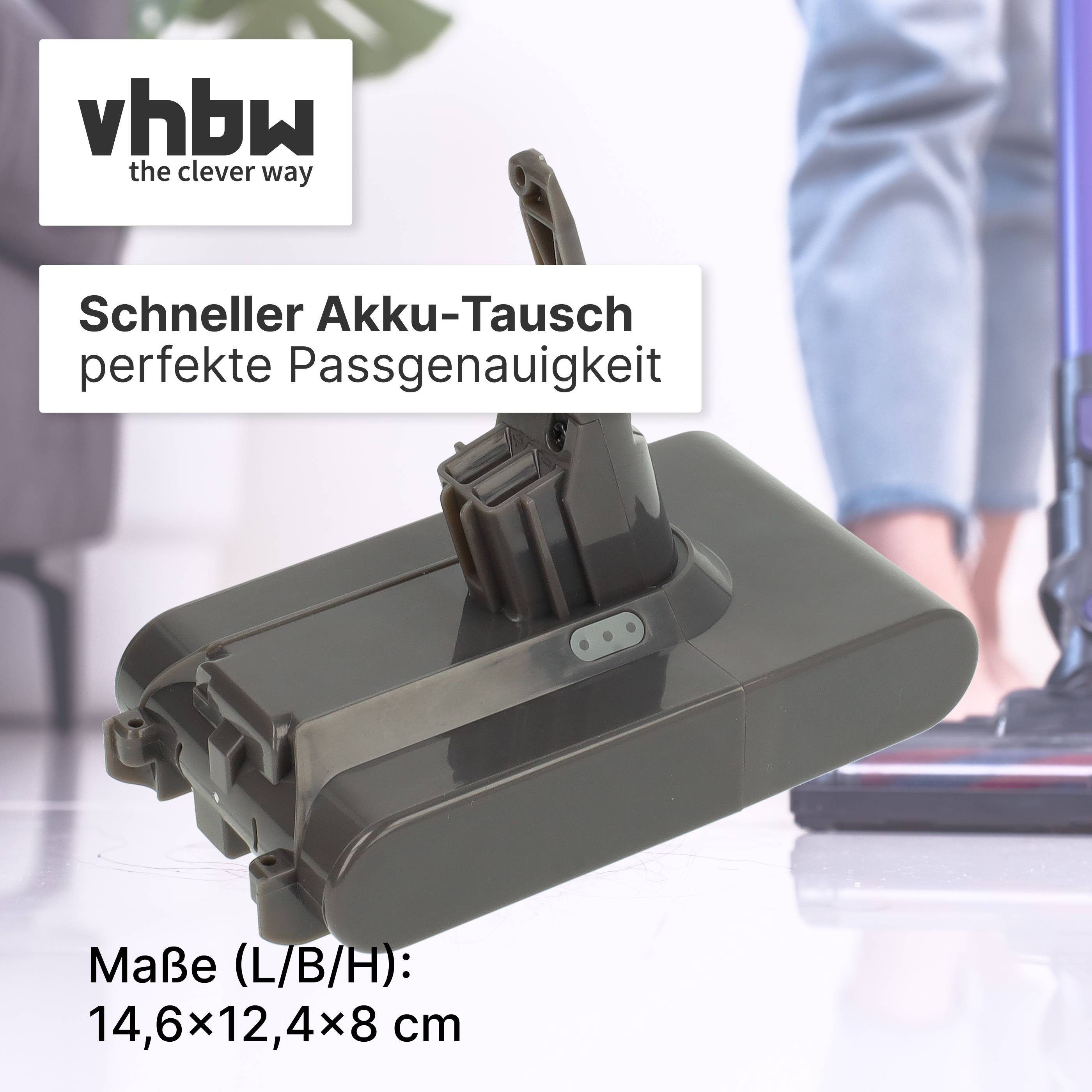 VHBW Akku-Pack Ersatz, mit deutschem Text „Schneller Akku-Tausch, perfekte Passgenauigkeit" und Größe 14,6 x 12,4 x 8 cm.