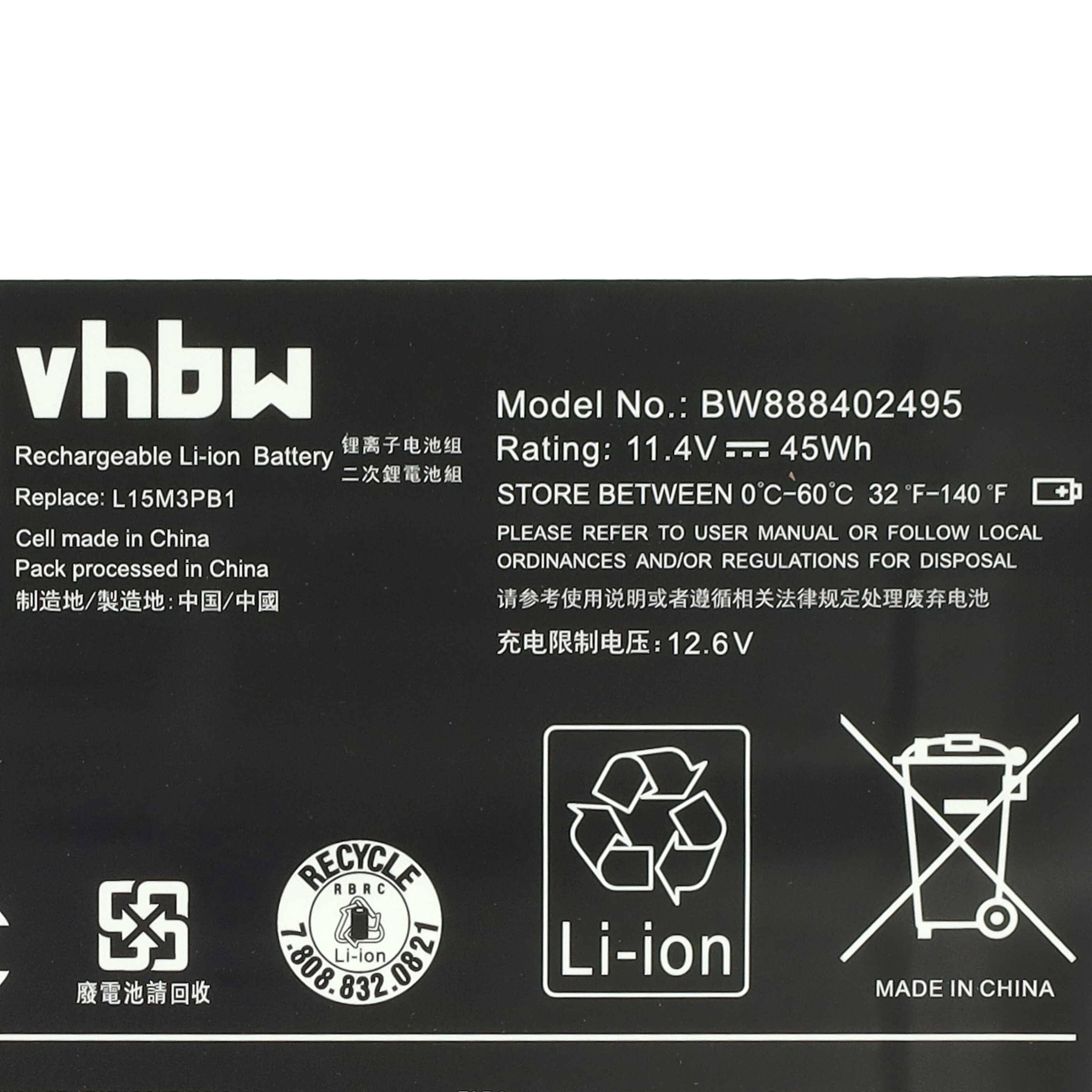 vhbw Wiederaufladbare Lithium-Ionen-Batterie. Modellnummer: BW888404295. Nennleistung: 11,4V---45Wh. Verwendung zwischen 0°C-60°C. Hergestellt in China. Recycling- und Entsorgungssymbole werden angezeigt.