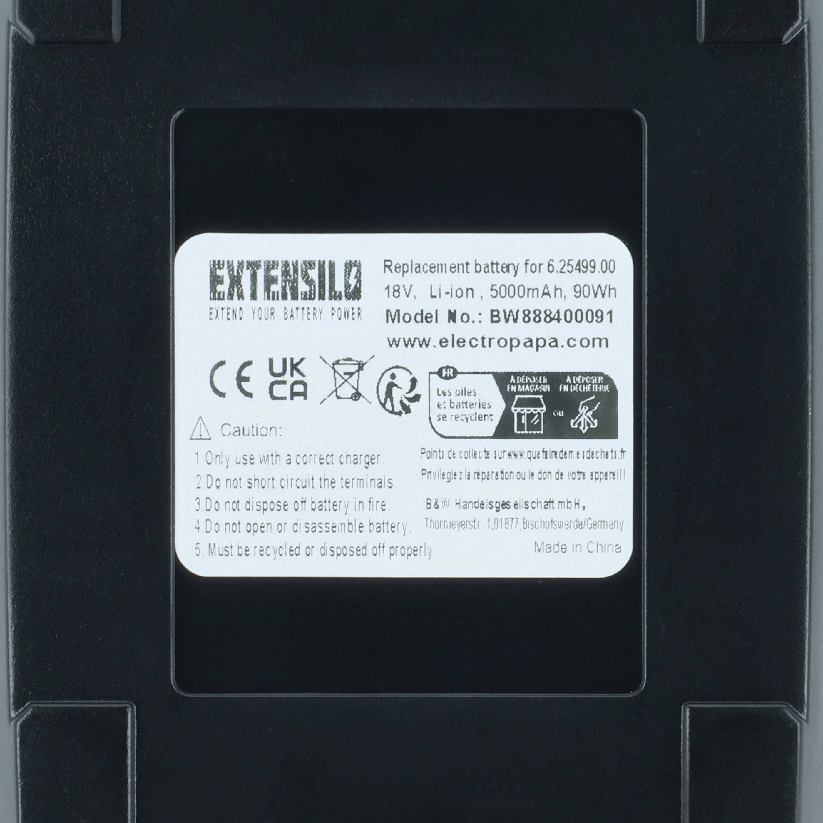Eine Batterie mit der Bezeichnung 'Extensilo' mit Spezifikationen: 18V, 5000mAh, 90Wh. Beachtenswerte Warnhinweise umfassen die Verwendung des korrekten Ladegeräts und die Einhaltung der Handhabungsrichtlinien.