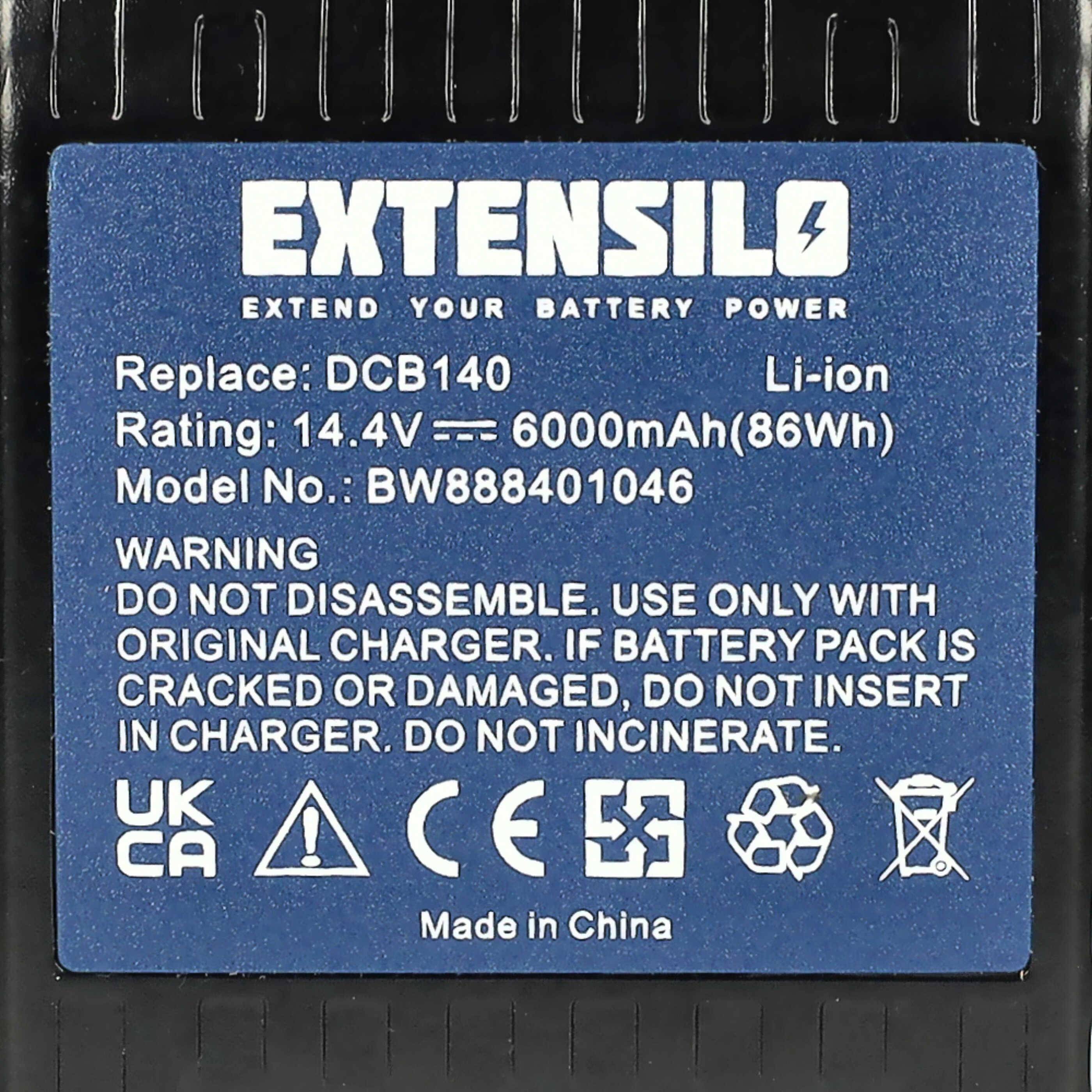EXTENSILO Akku Ersatz für Dewalt DCB142-XJ, DCB142, DCB141, DCB140-XJ, DCB140, DCB-141-XJ für Werkzeug (6000 mAh, Li-Ion, 14,4 V)