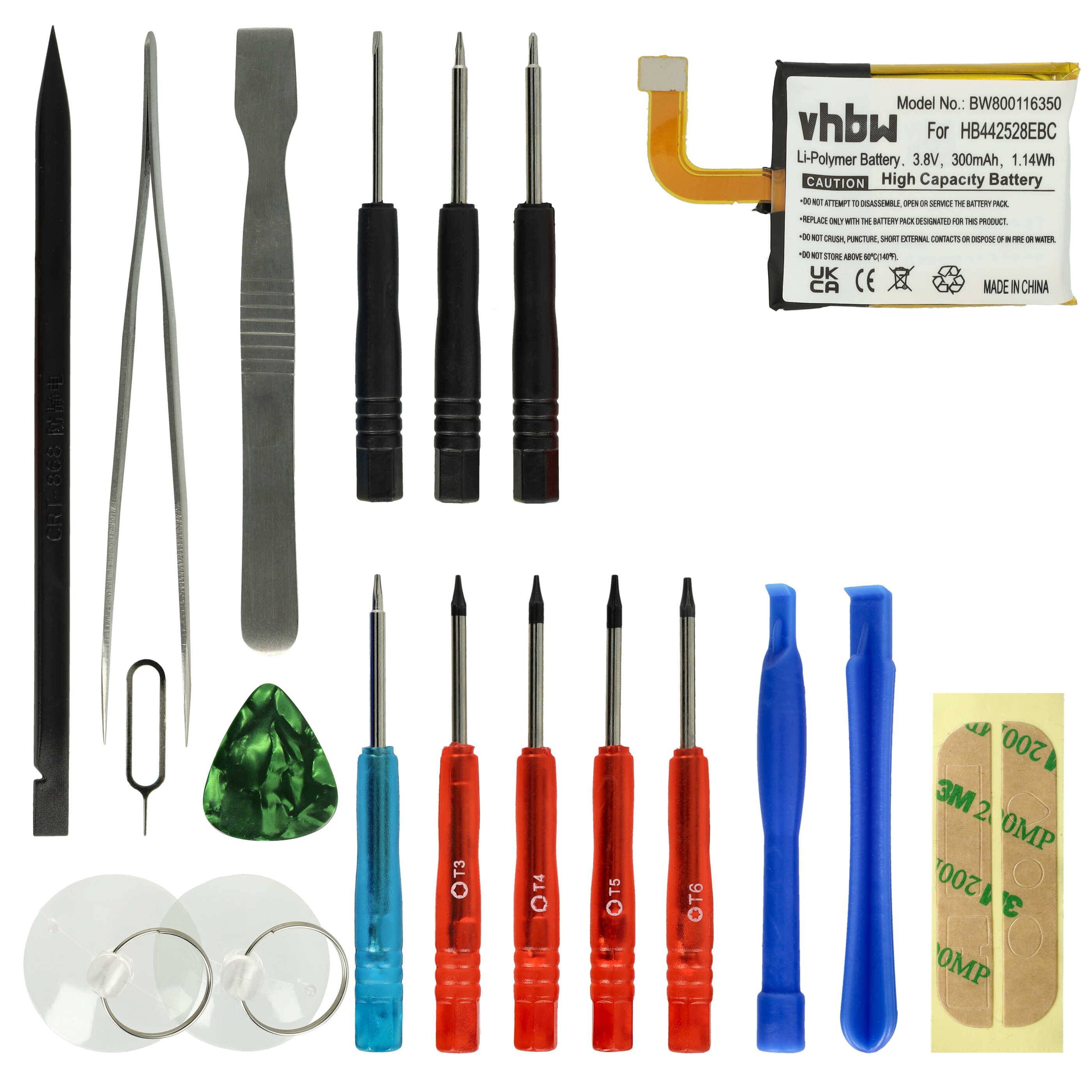 Handy-Reparaturset mit Schraubendrehern, Pinzetten, Saughebern, Kunststoffwerkzeugen, einem Akku und Klebstreifen, geeignet für Bildschirm- oder Akkuaustausch.
