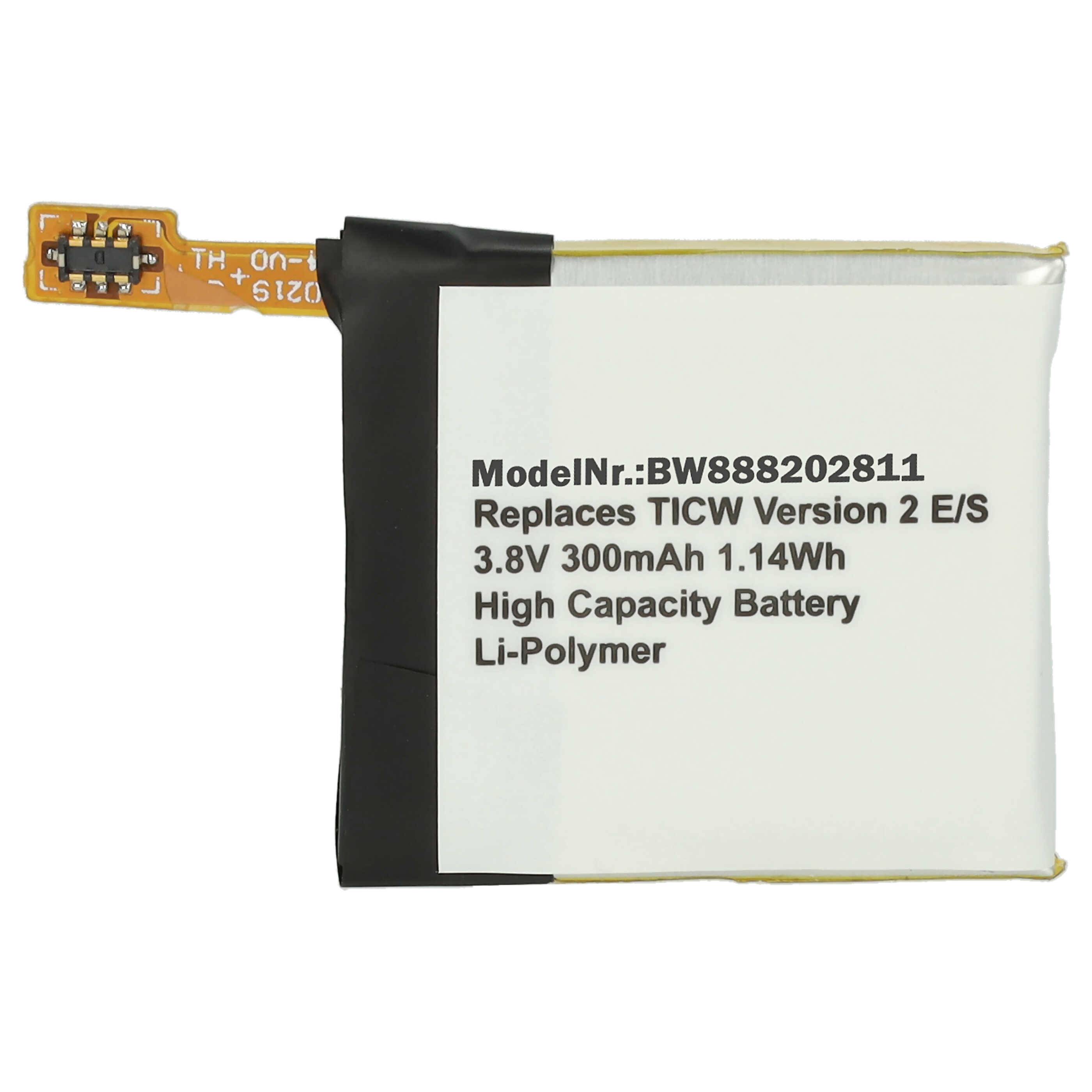Batterie mit Etikett: „Modellnr.: BW888202811. Ersetzt TICW Version 2 E/S. 3,8V 300mAh 1,14Wh. Hochkapazitätsbatterie. Li-Polymer.