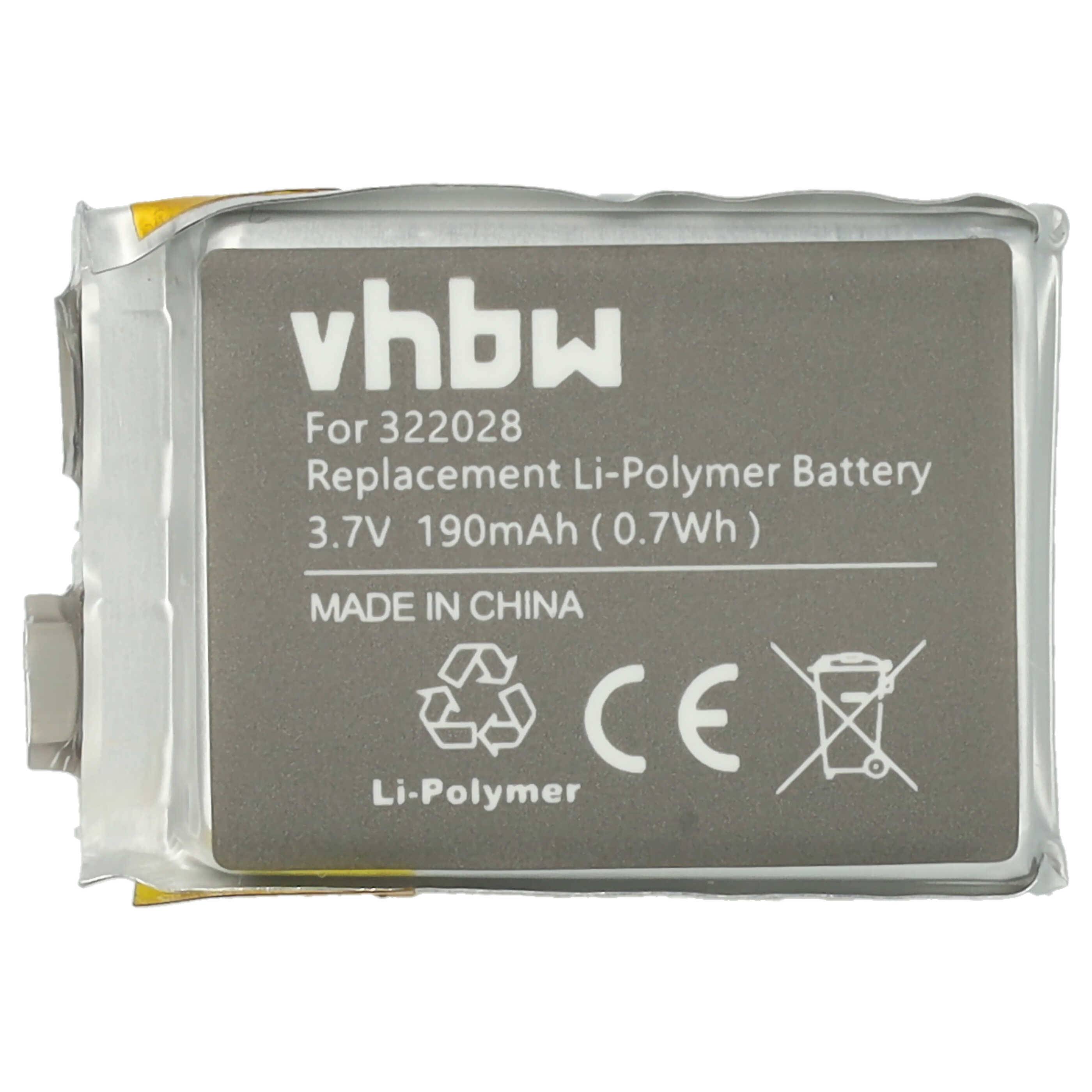 Ein vhbw Ersatz-Li-Polymer-Akku mit der Bezeichnung 322028, 3,7V 190mAh (0,7Wh), hergestellt in China.