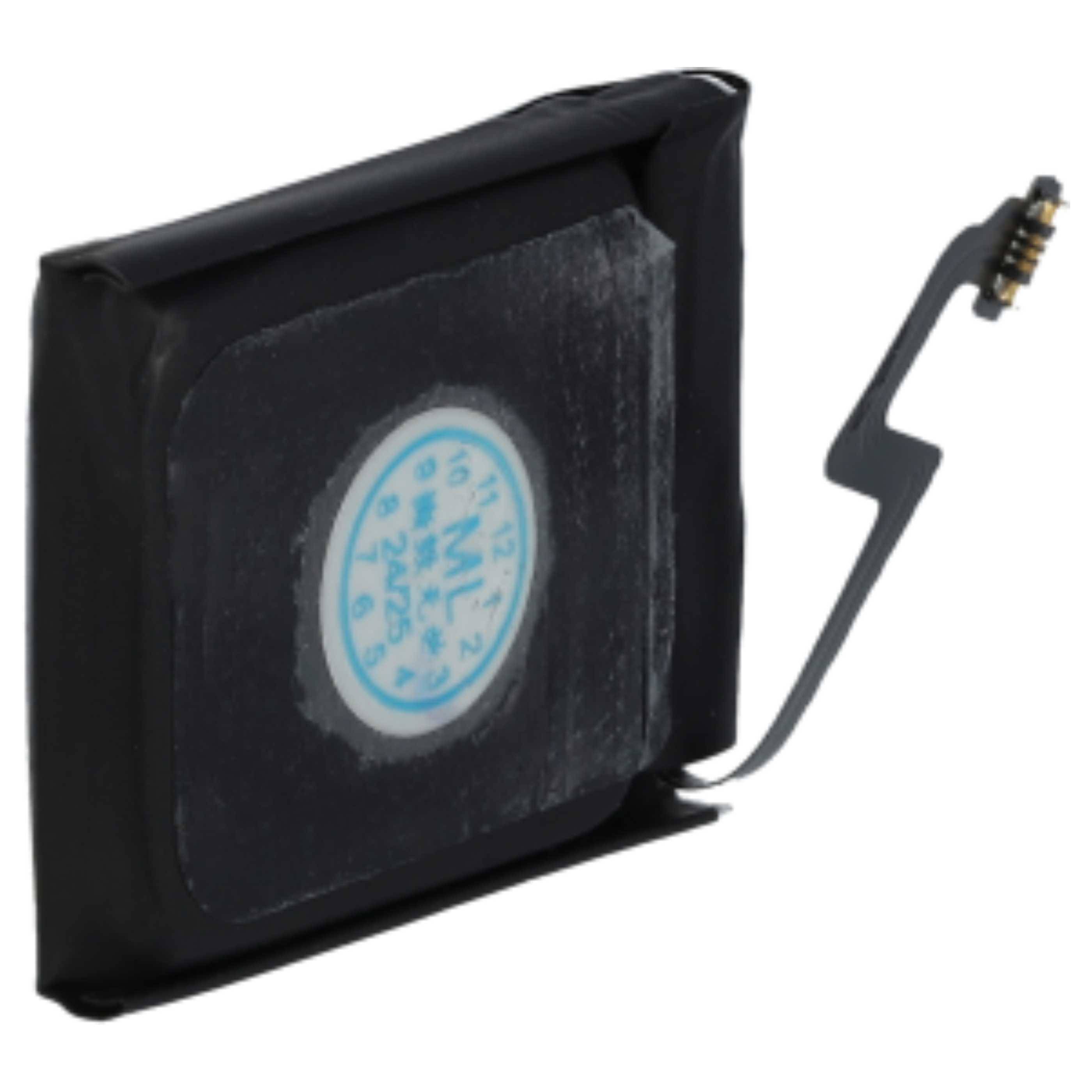 Ein kleines, quadratisches elektronisches Bauteil mit schwarzem Rahmen und angebrachtem Flachbandkabel, möglicherweise ein Batterie- oder Lautsprecher-Teil.