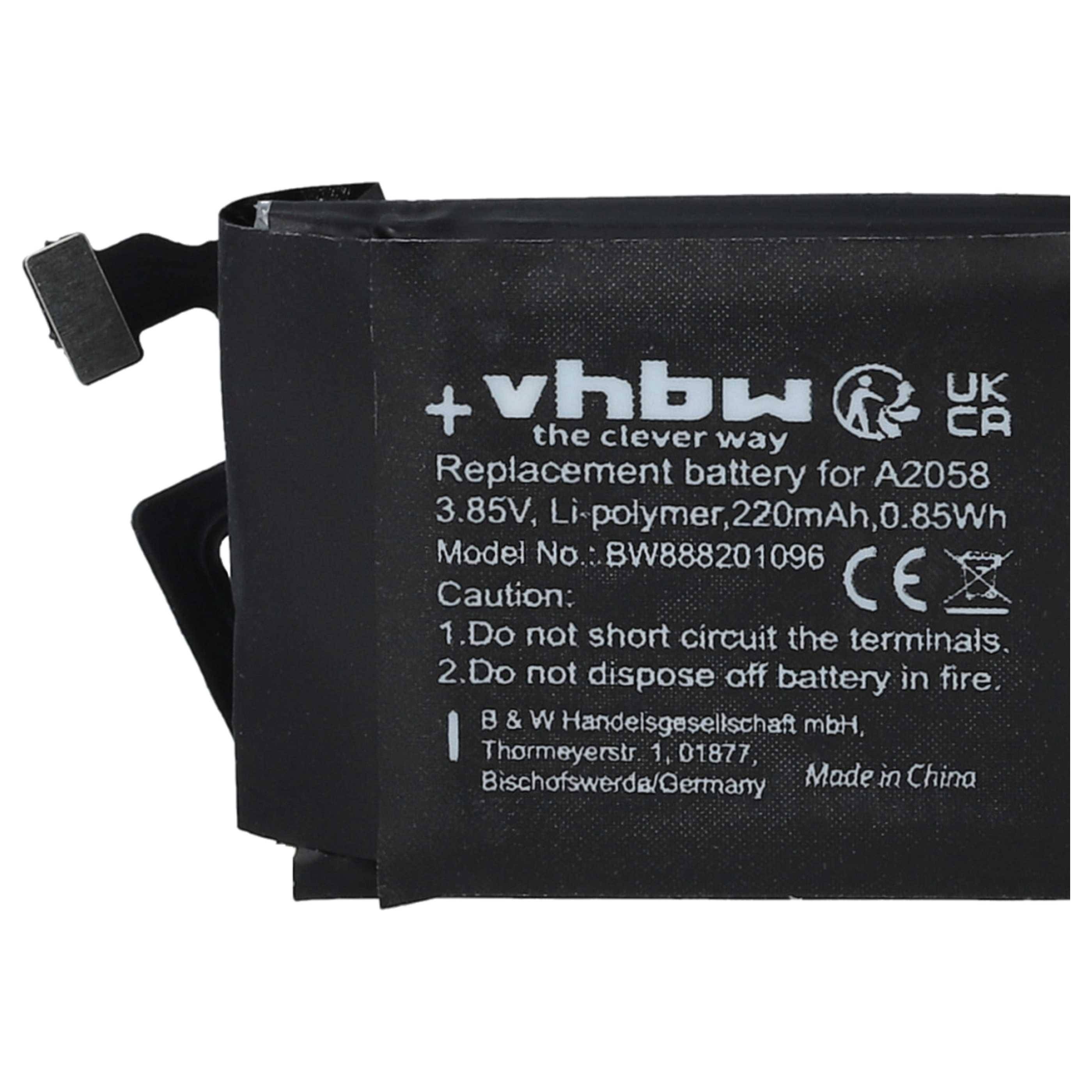 Eine schwarze rechteckige Ersatzbatterie mit Text: „vhbw, die clevere Art. Ersatzbatterie für A2058, 3,85V, Li-Polymer, 220mAh, 0,85Wh